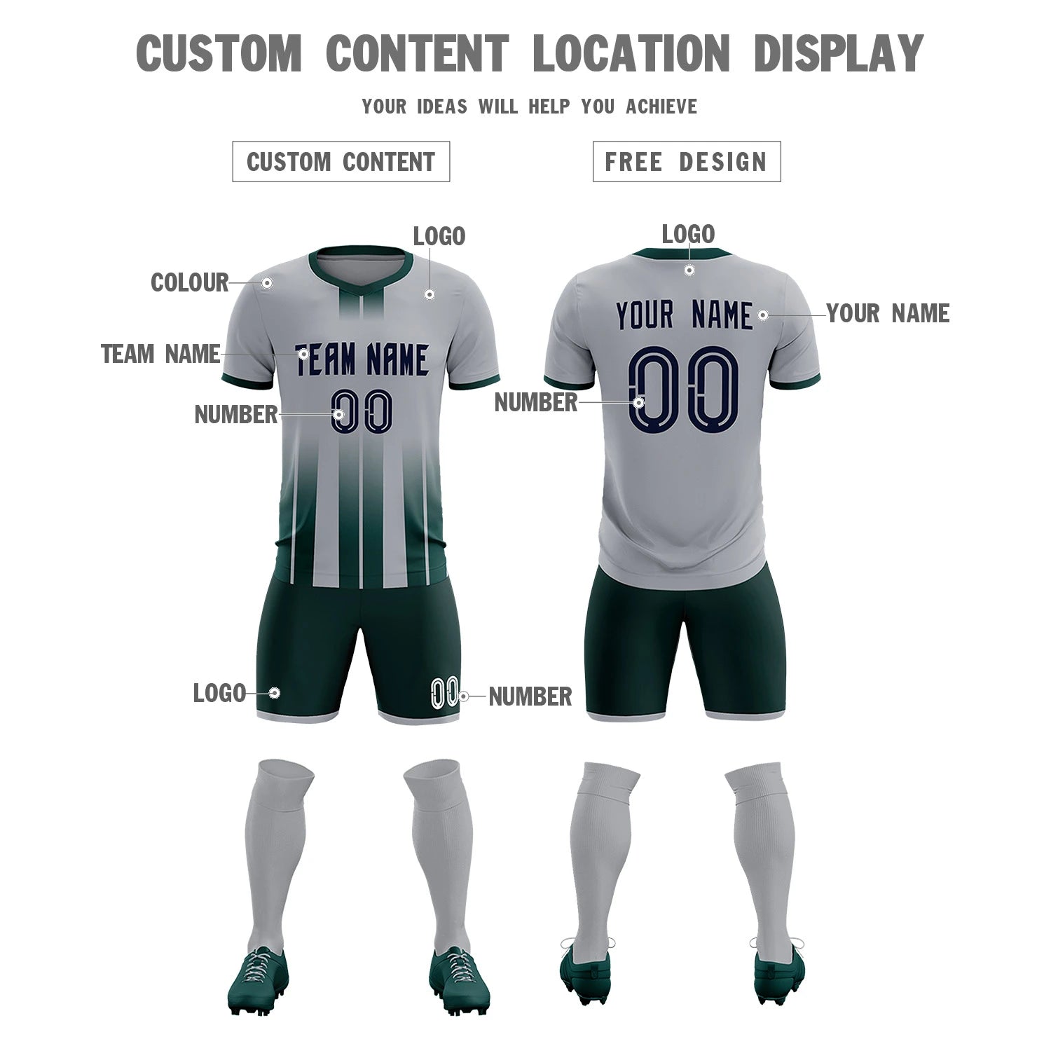 Custom Gray Midnight Green Vertical Training Uniform Soccer Sets Jersey