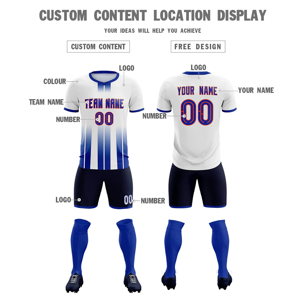 Custom White Royal Blue Vertical Training Uniform Soccer Sets Jersey