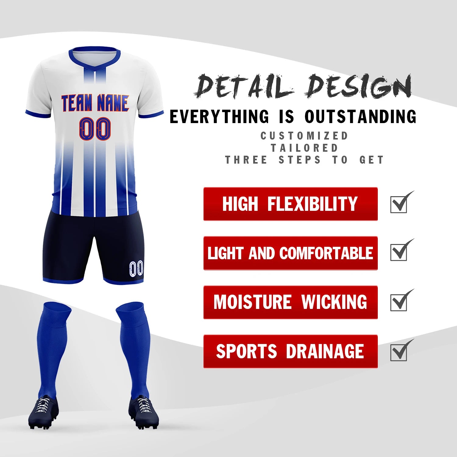 Custom White Royal Blue Vertical Training Uniform Soccer Sets Jersey