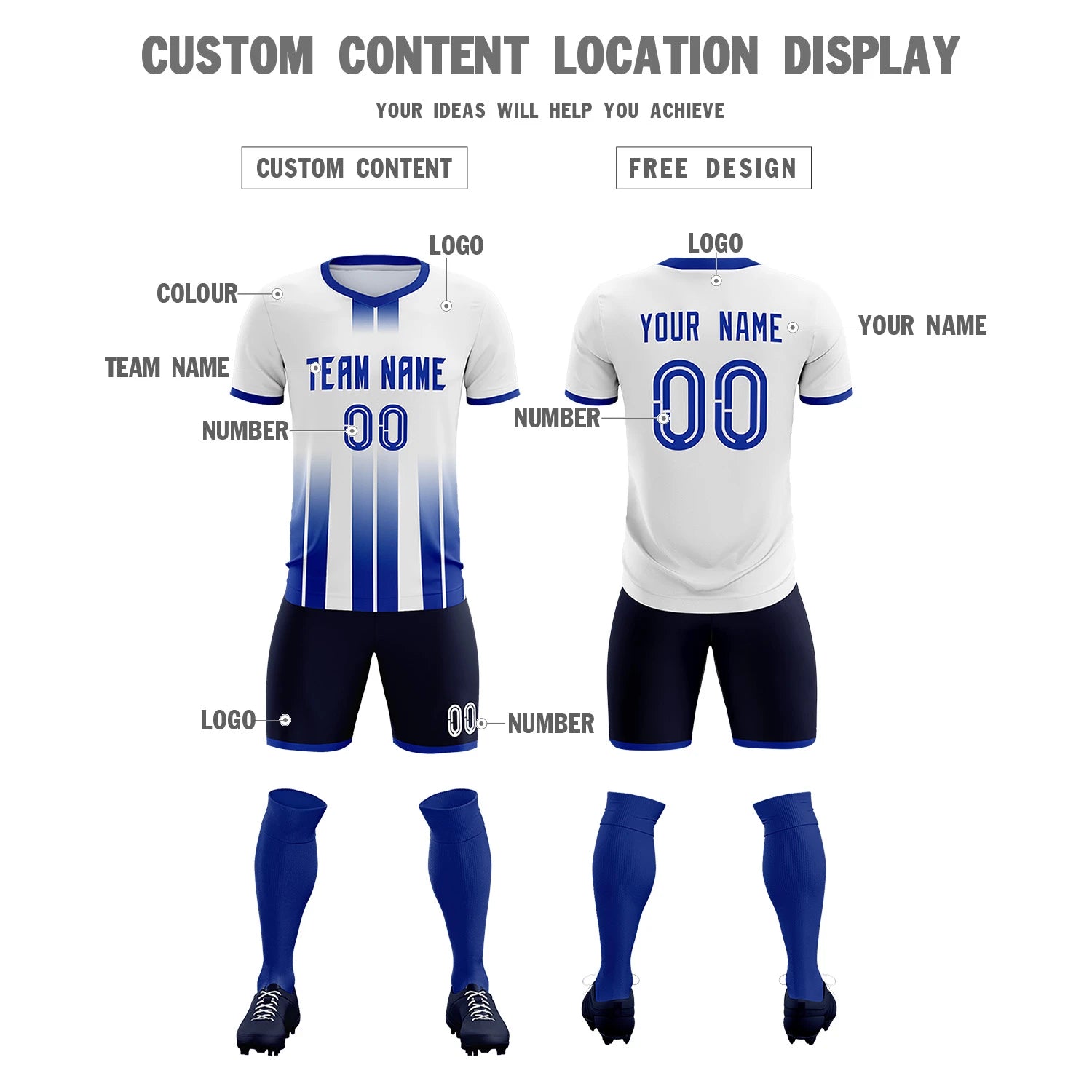 Custom White Royal Blue Vertical Training Uniform Soccer Sets Jersey