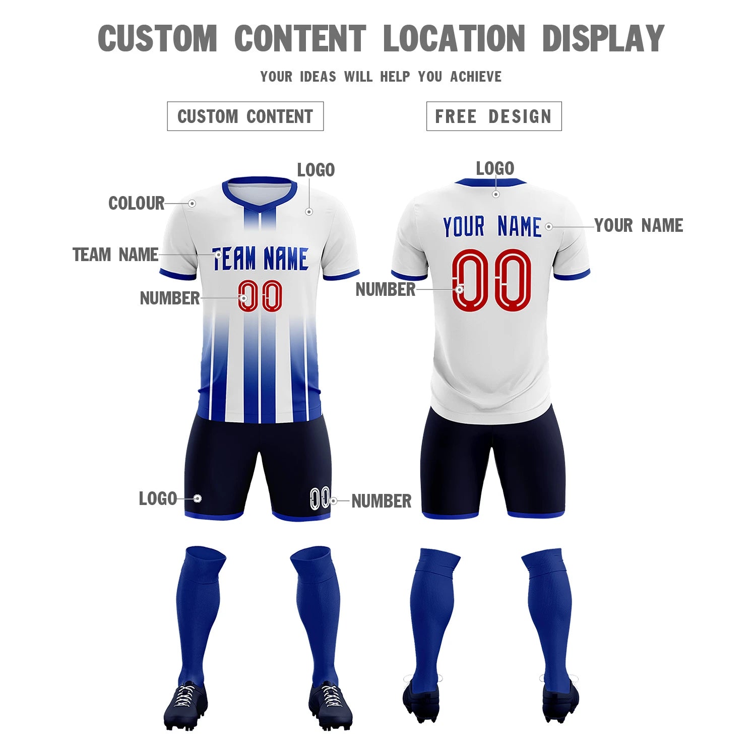 Custom White Royal Blue Vertical Training Uniform Soccer Sets Jersey