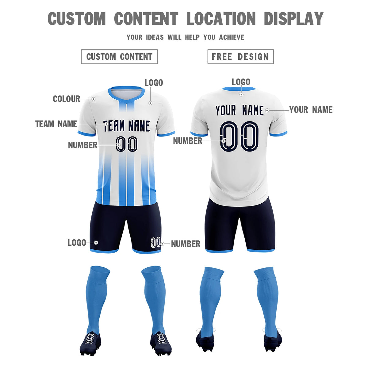 Custom White Powder Blue Vertical Training Uniform Soccer Sets Jersey
