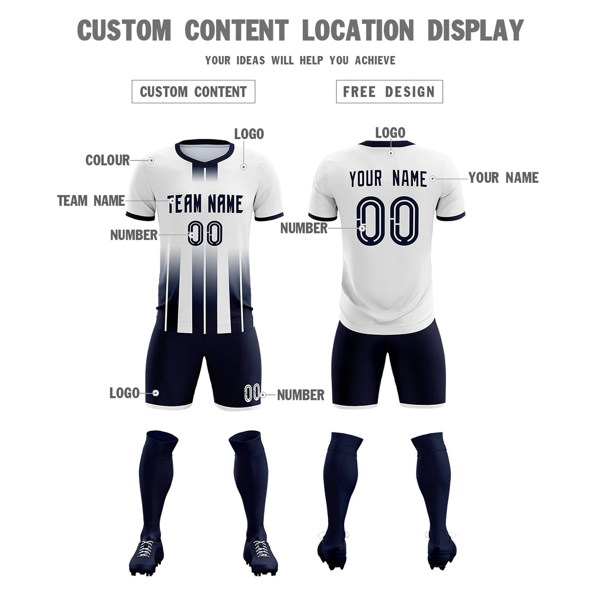 Custom White Navy Vertical Training Uniform Soccer Sets Jersey