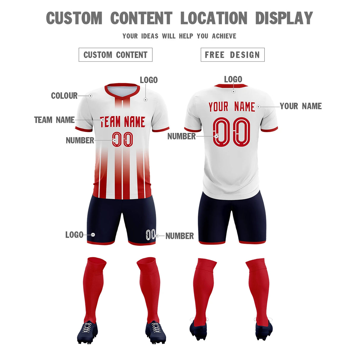 Custom White Red Vertical Training Uniform Soccer Sets Jersey