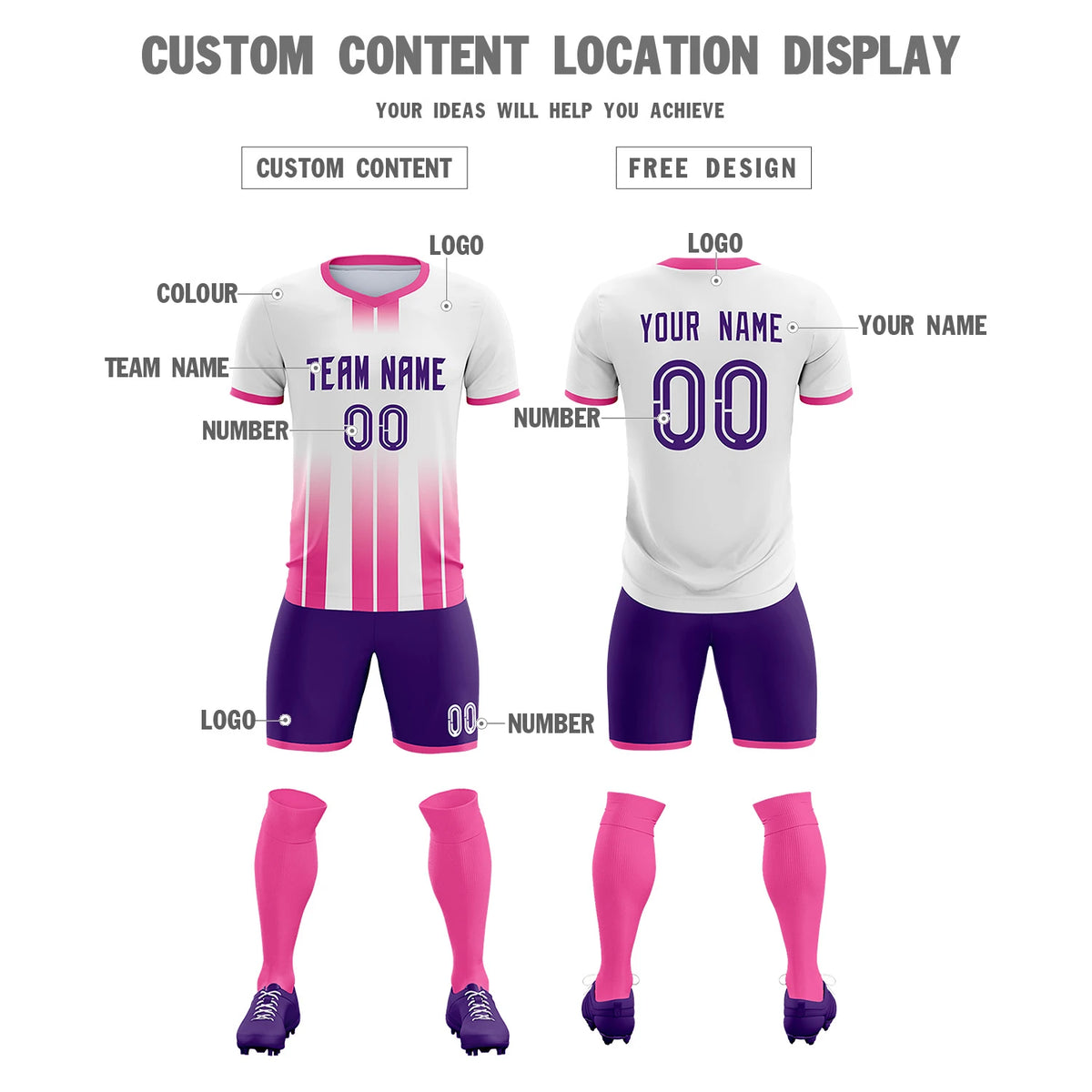 Custom White Pink Vertical Training Uniform Soccer Sets Jersey