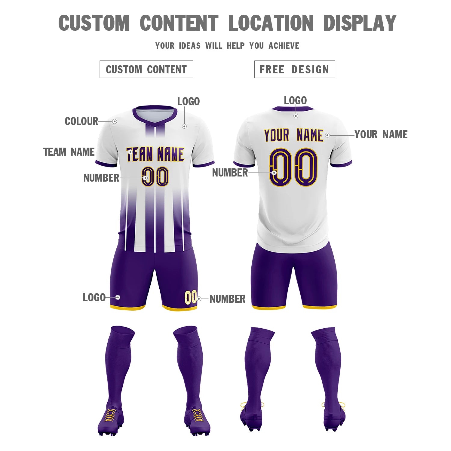 Custom White Purple Vertical Training Uniform Soccer Sets Jersey
