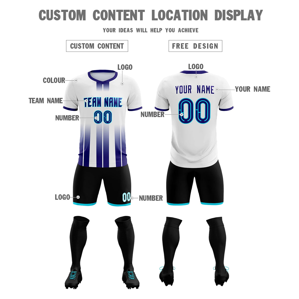 Custom White Purple Vertical Training Uniform Soccer Sets Jersey