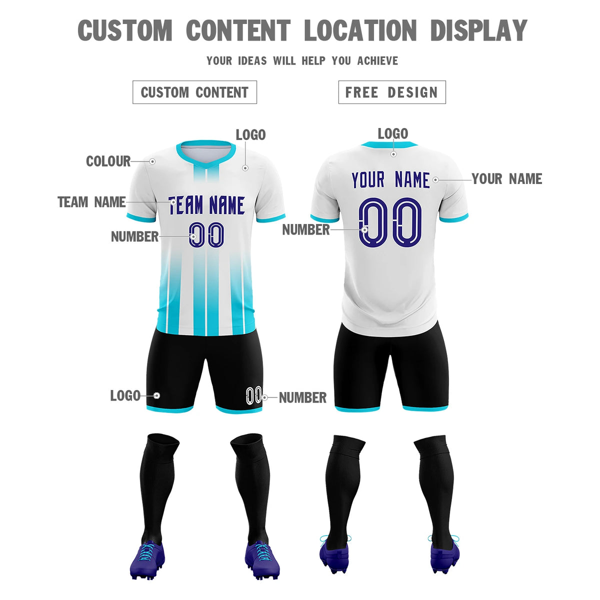 Custom White Sky Blue Vertical Training Uniform Soccer Sets Jersey