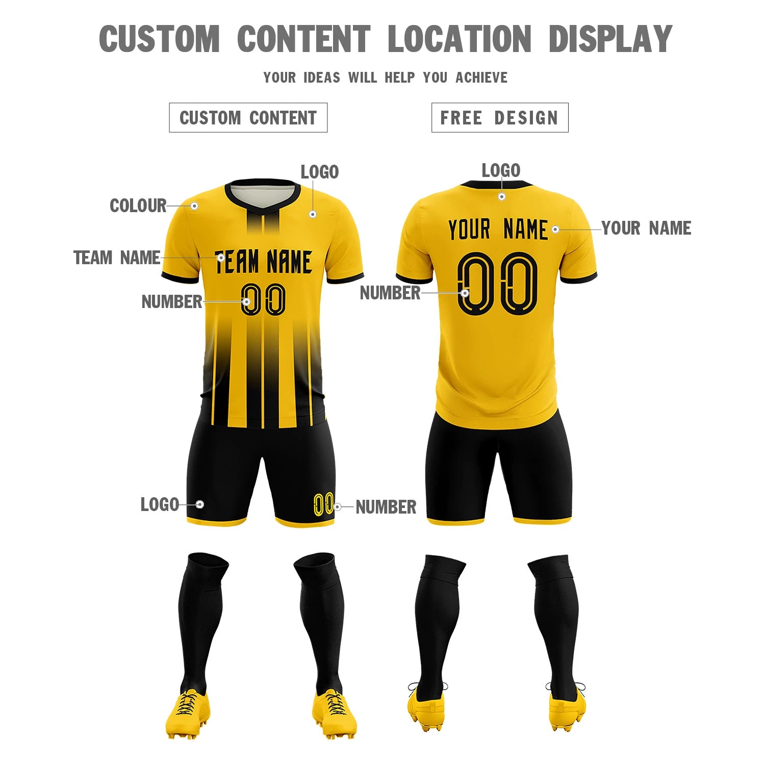 Custom Gold01 Black Vertical Training Uniform Soccer Sets Jersey