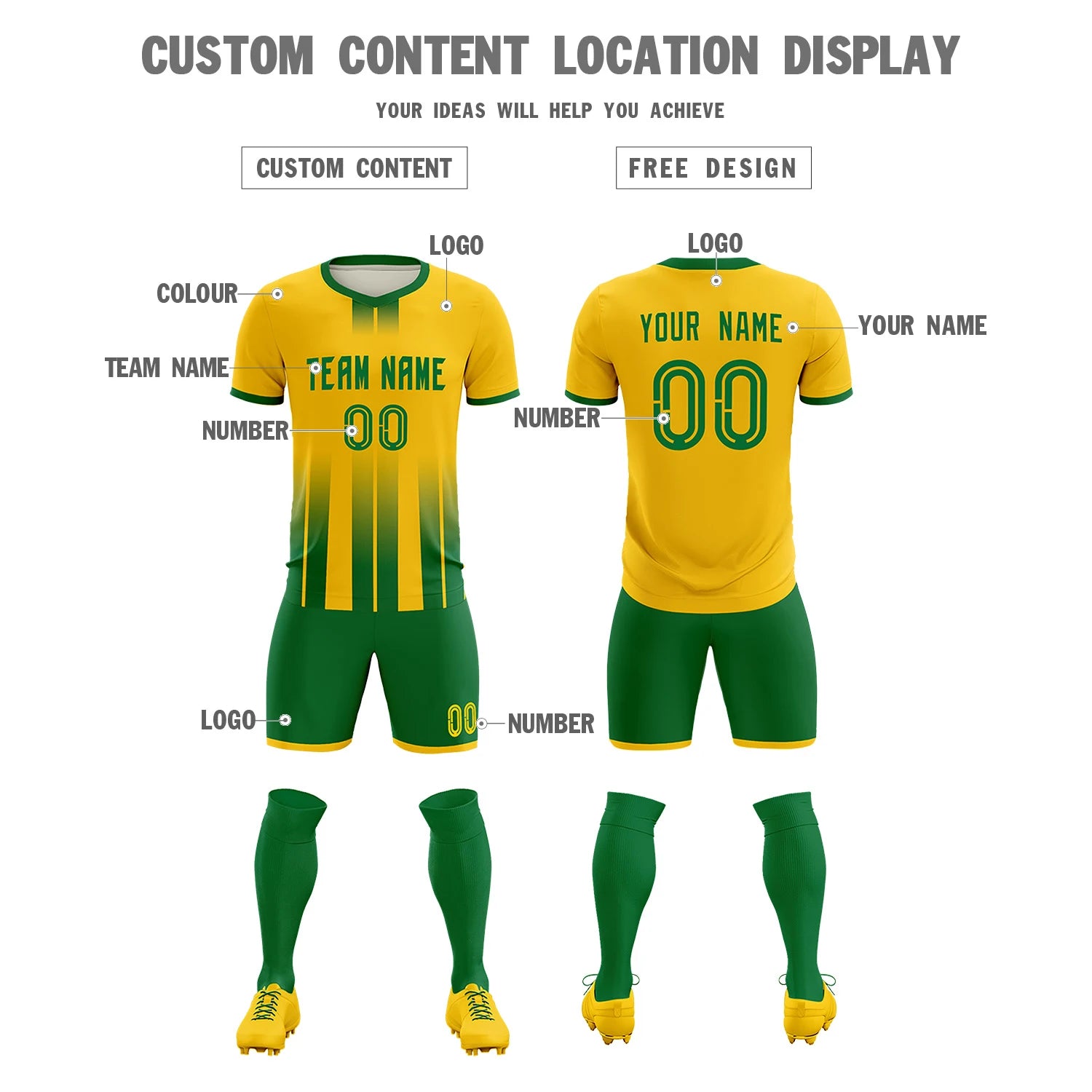 Custom Gold01 Kelly Green Vertical Training Uniform Soccer Sets Jersey