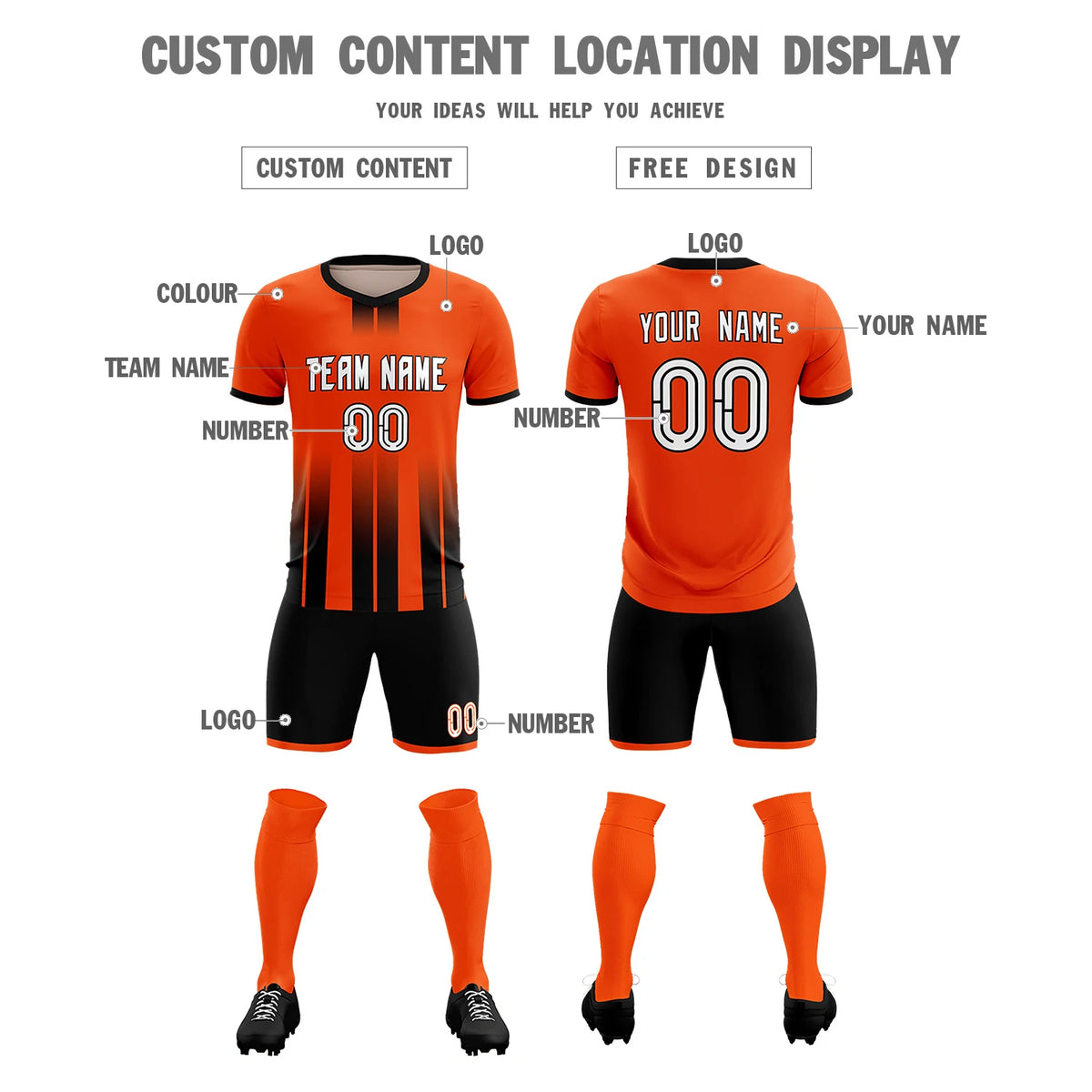 Custom Orange Black Vertical Training Uniform Soccer Sets Jersey