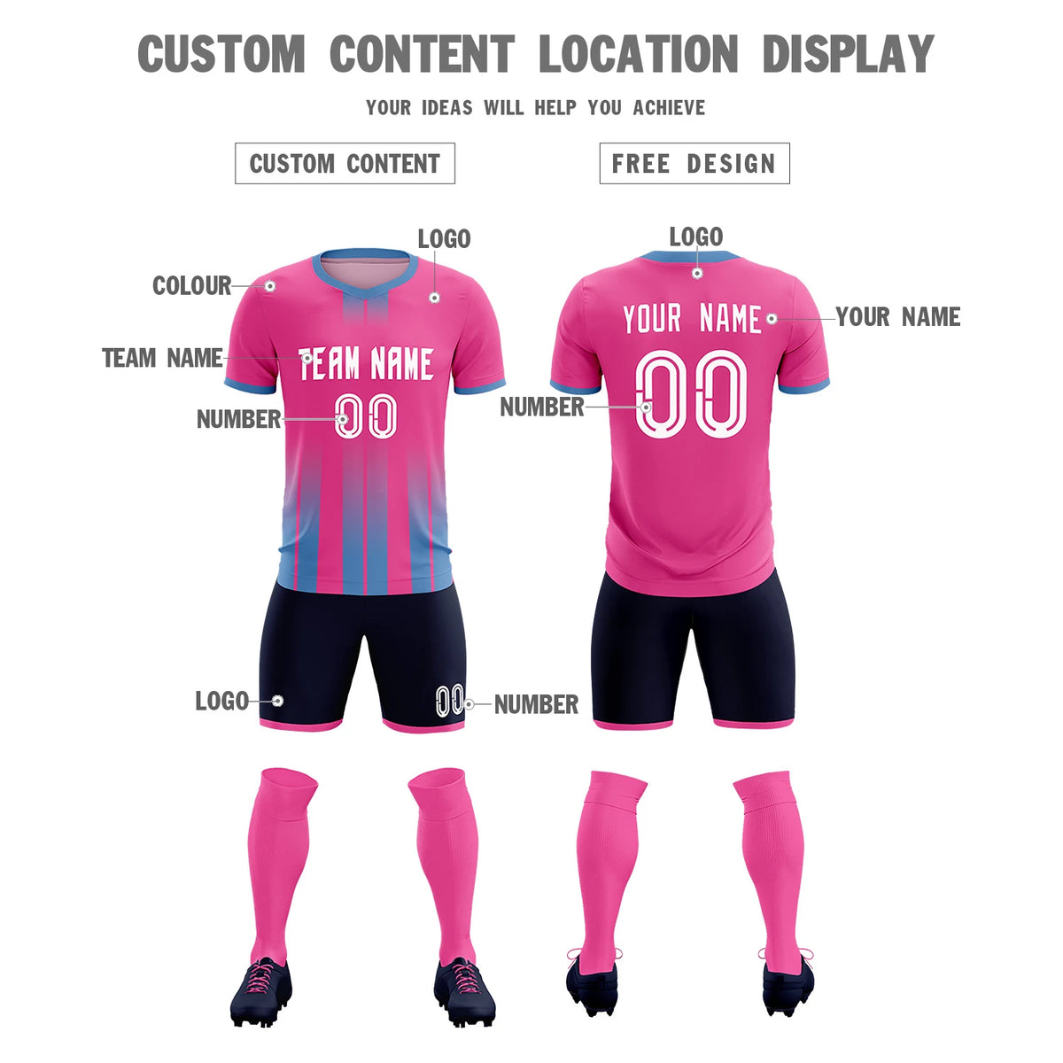 Custom Pink Light Blue Vertical Training Uniform Soccer Sets Jersey