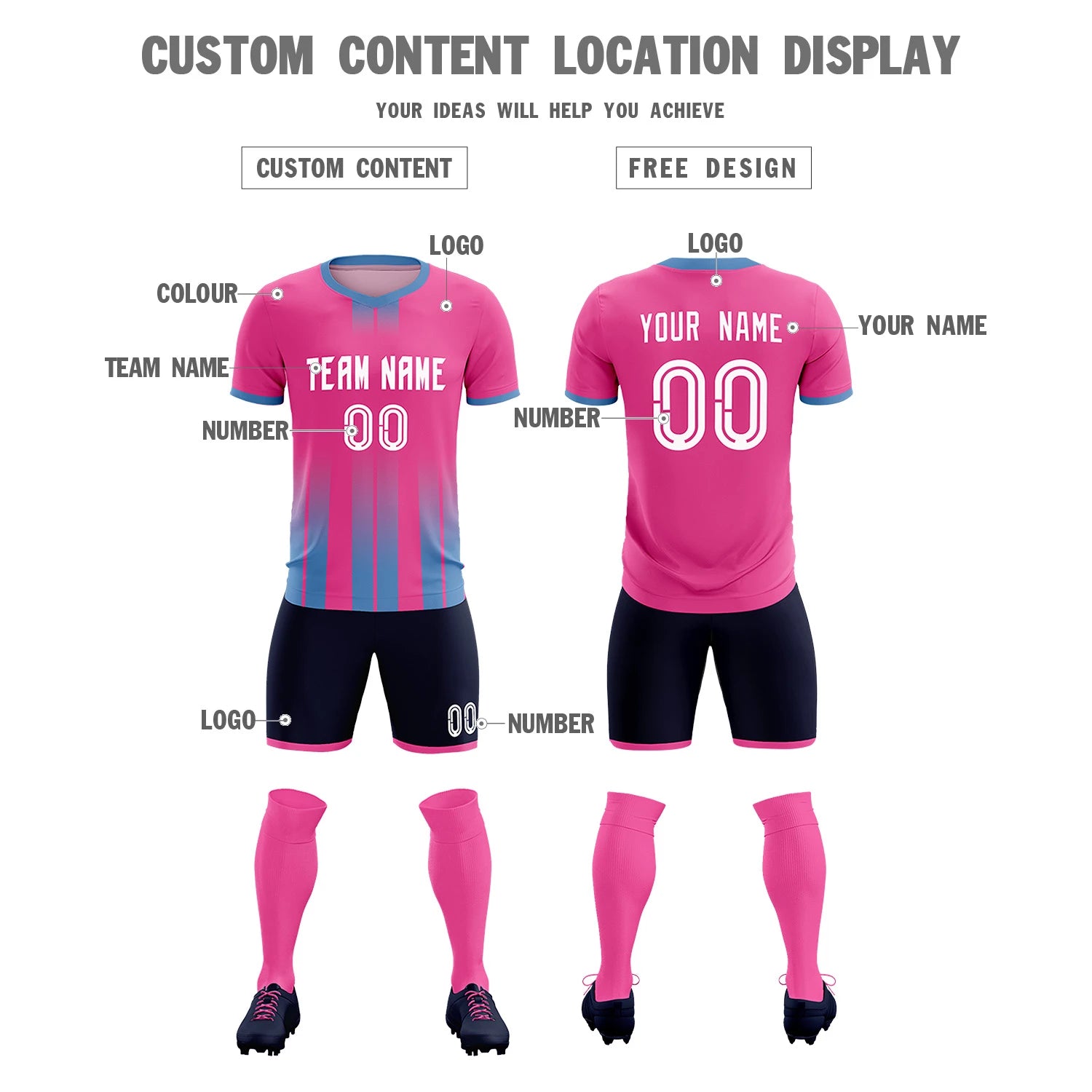 Custom Pink Light Blue Vertical Training Uniform Soccer Sets Jersey