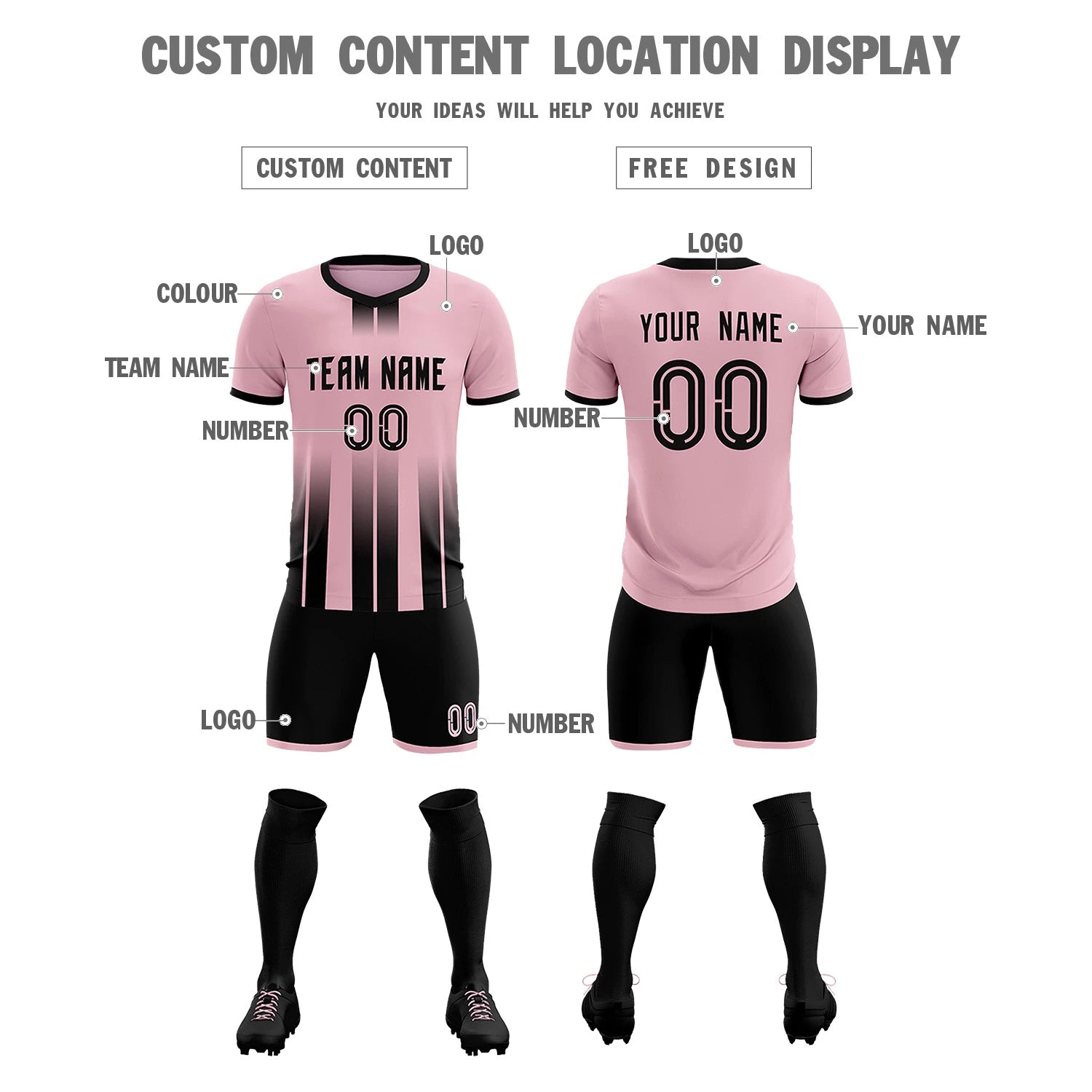 Custom Light Pink Black Vertical Training Uniform Soccer Sets Jersey