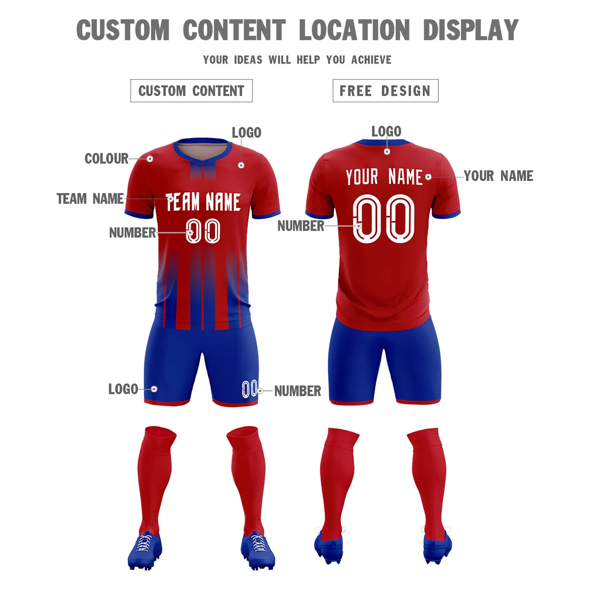 Custom Red Royal Blue Vertical Training Uniform Soccer Sets Jersey
