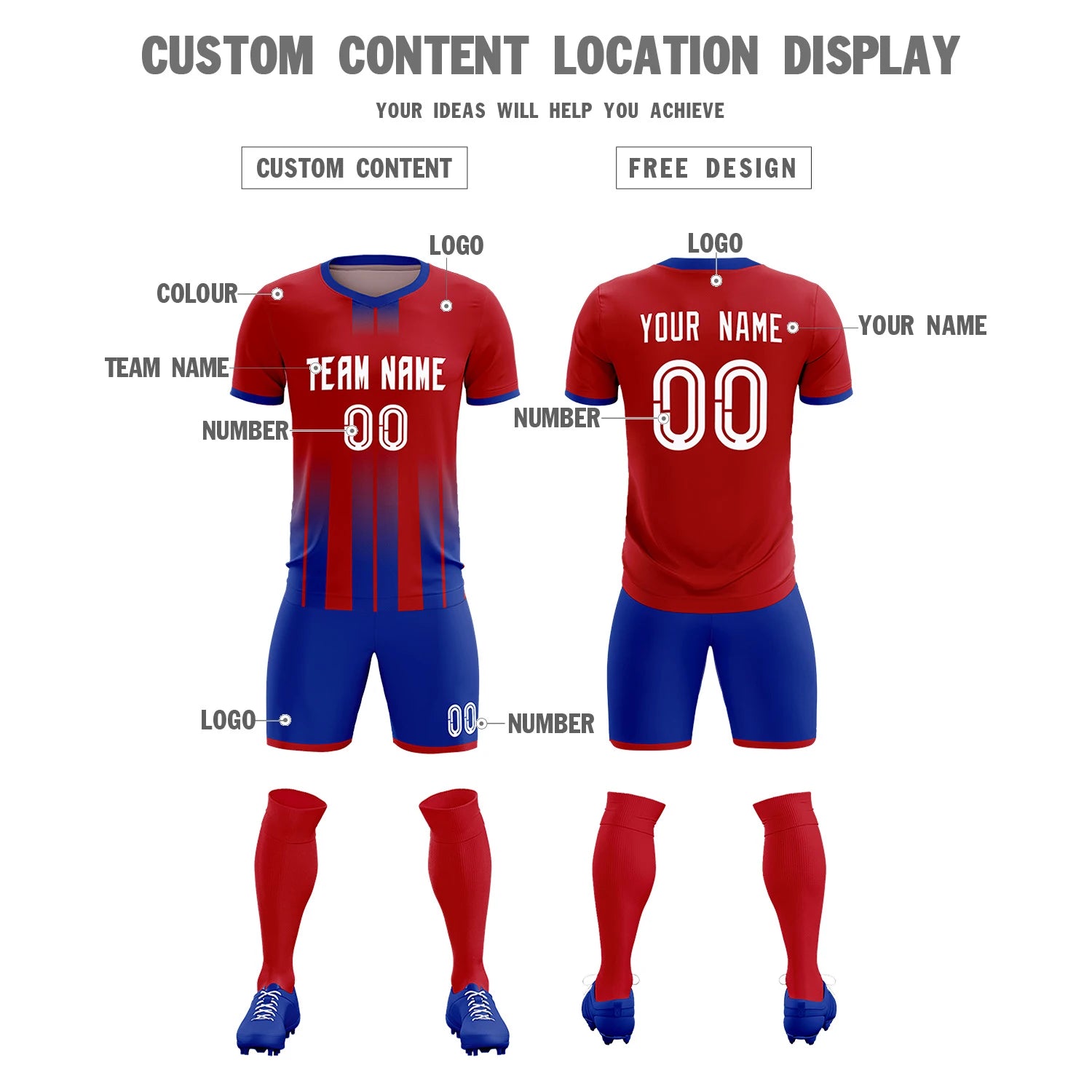 Custom Red Royal Blue Vertical Training Uniform Soccer Sets Jersey