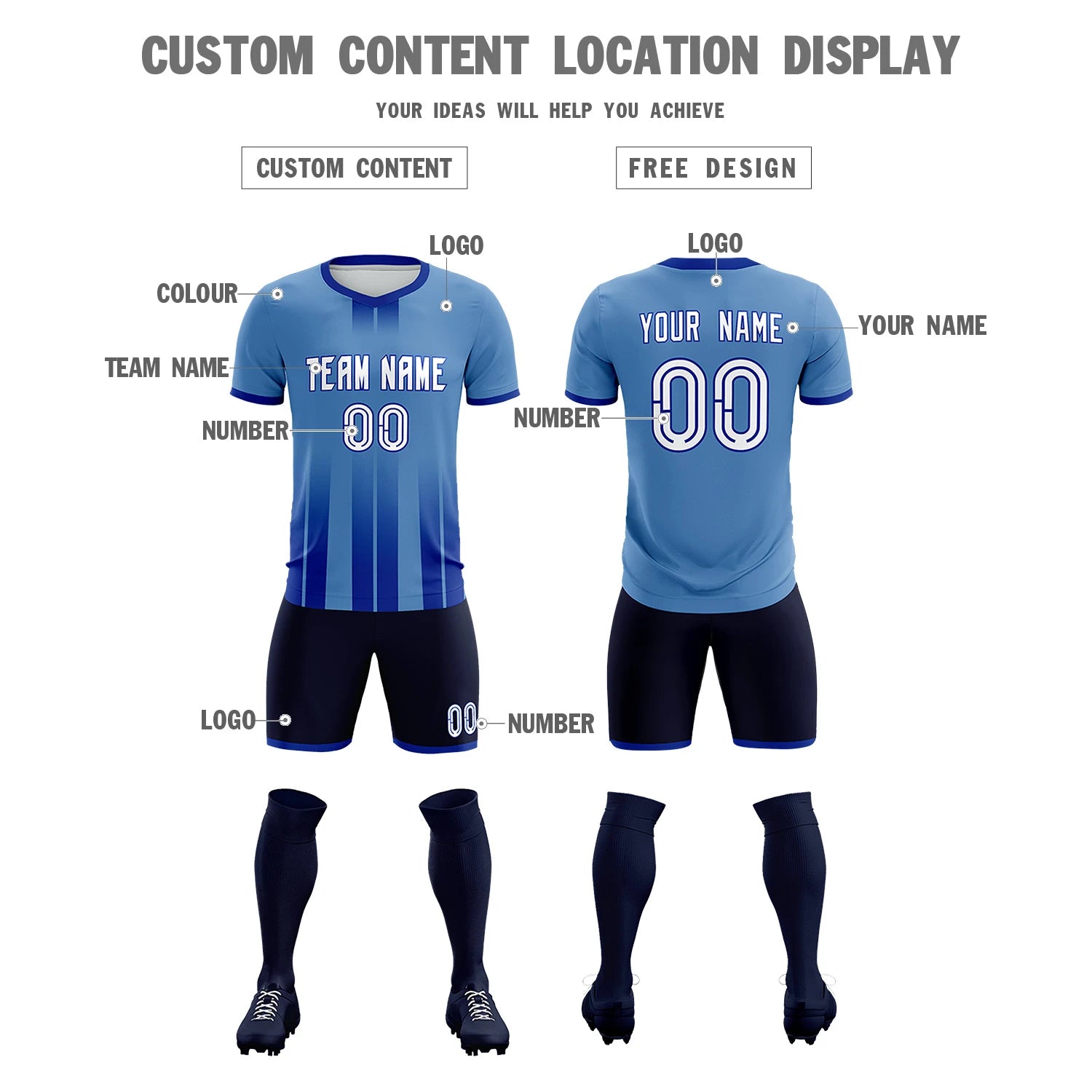 Custom Light Blue Royal Blue Vertical Training Uniform Soccer Sets Jersey