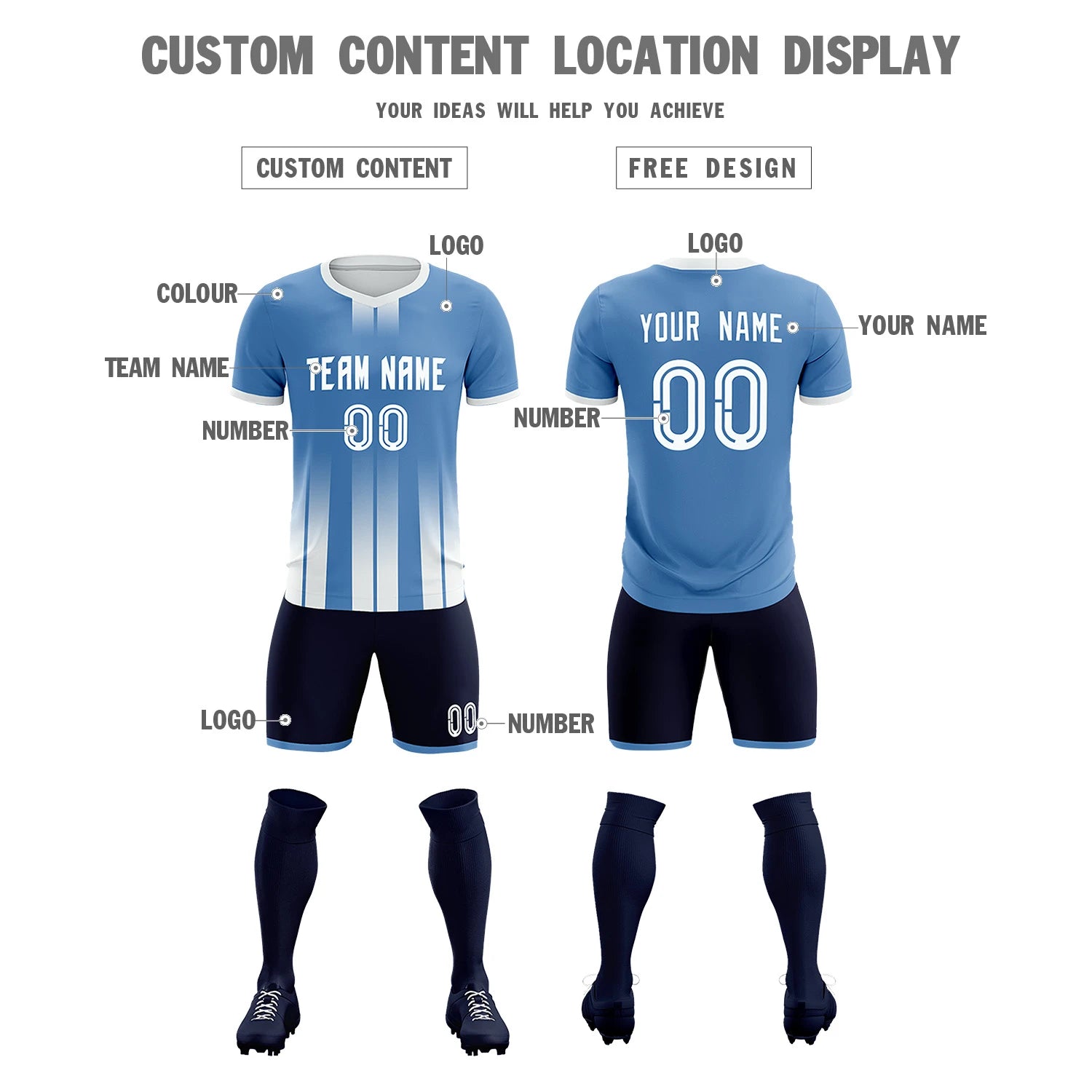 Custom Light Blue White Vertical Training Uniform Soccer Sets Jersey