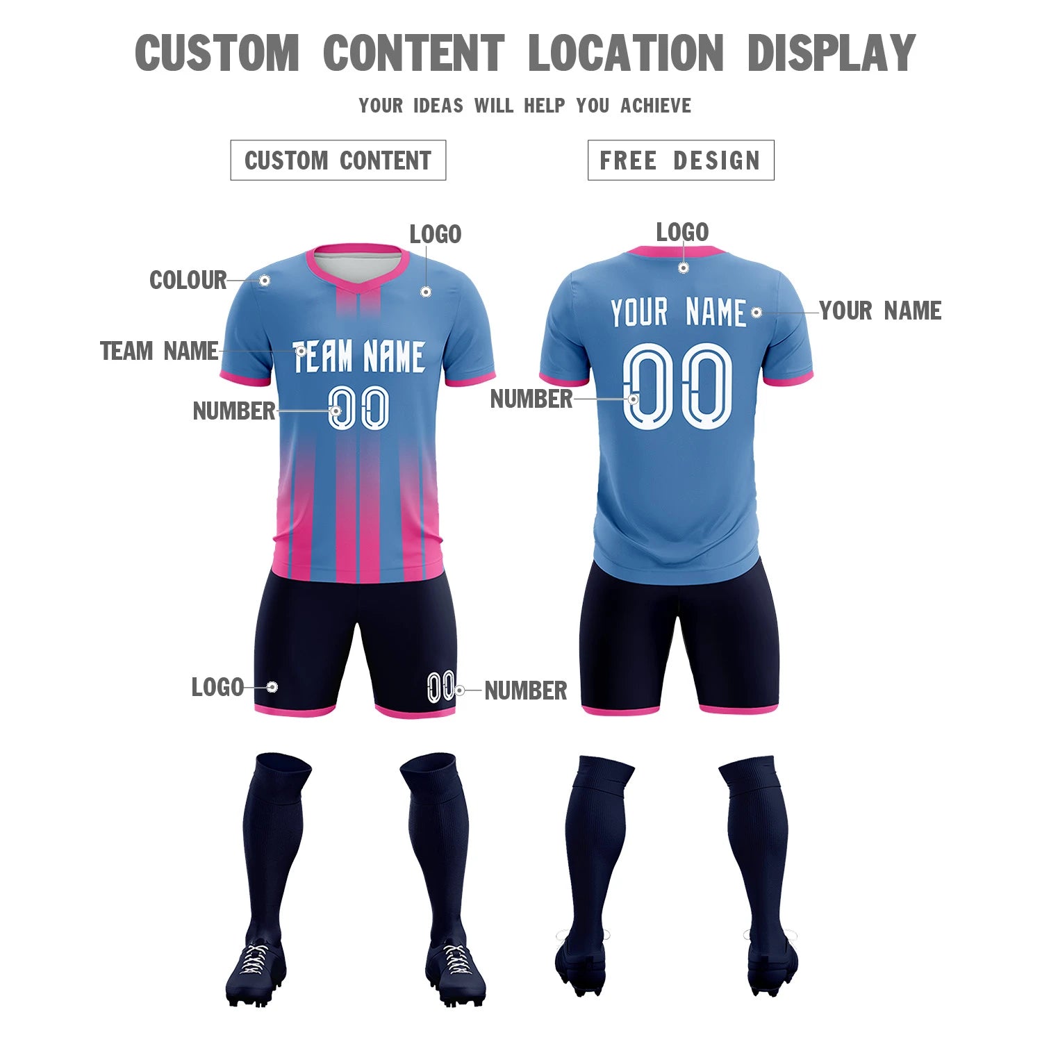 Custom Light Blue Pink Vertical Training Uniform Soccer Sets Jersey