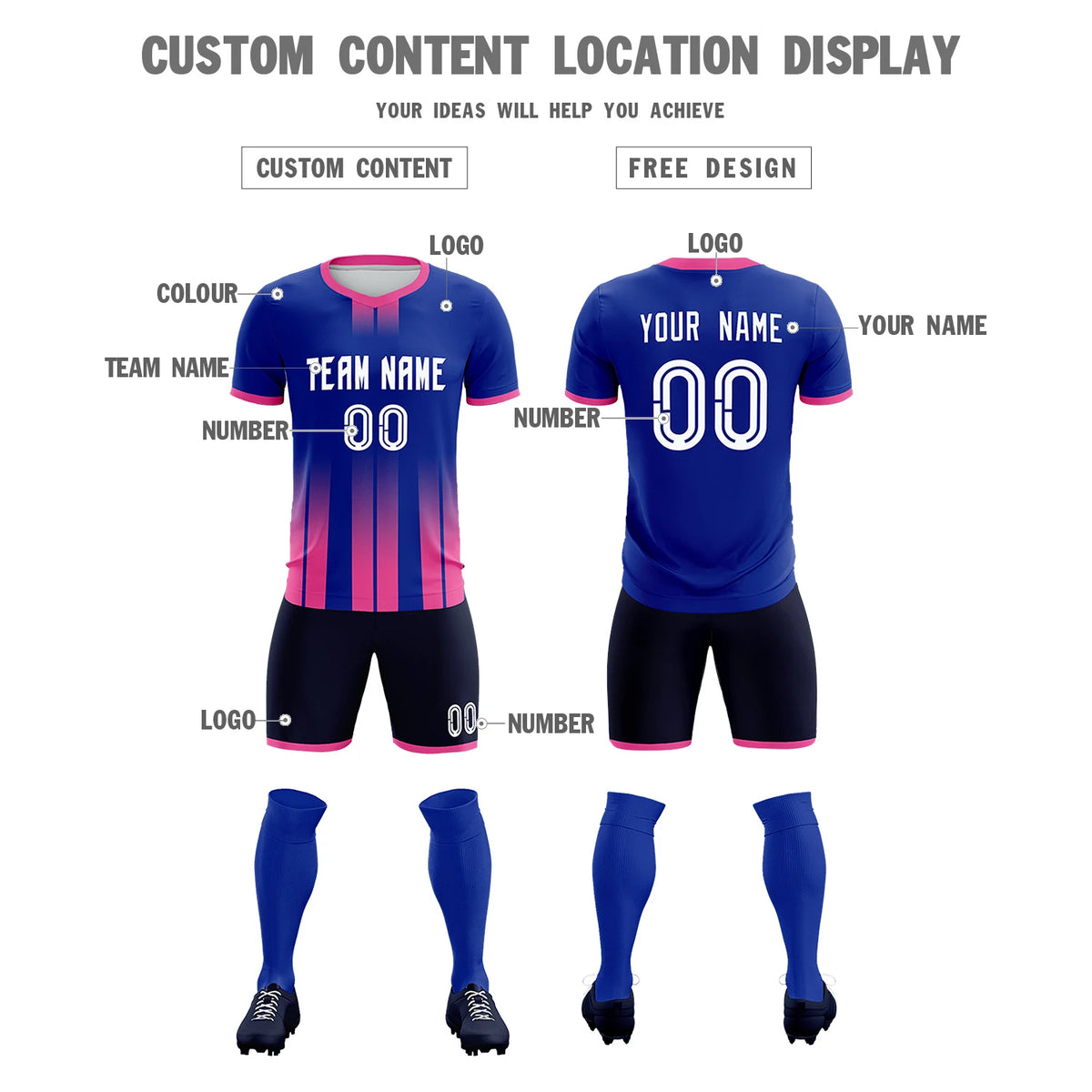 Custom Royal Blue Pink Vertical Training Uniform Soccer Sets Jersey