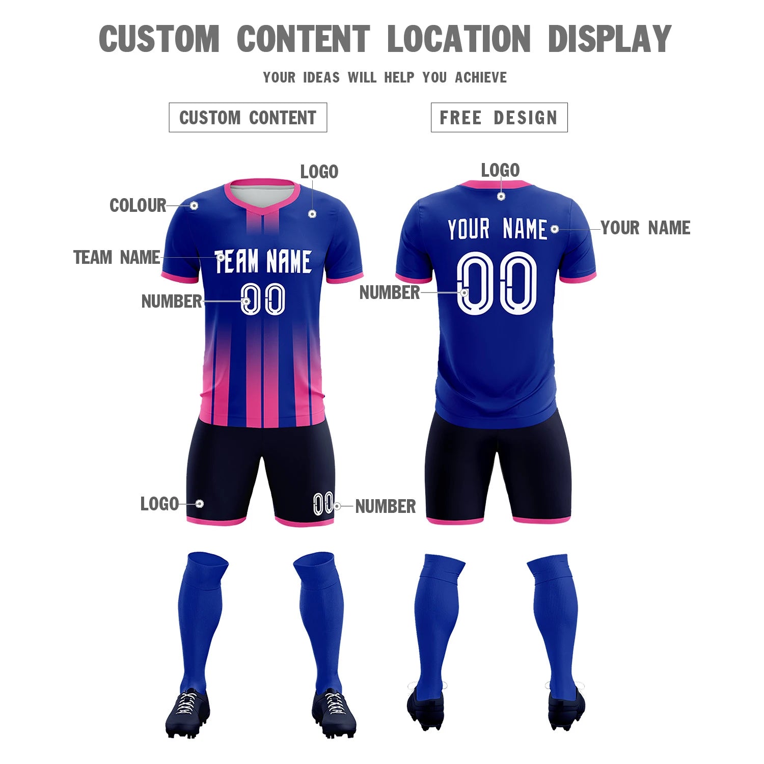 Custom Royal Blue Pink Vertical Training Uniform Soccer Sets Jersey