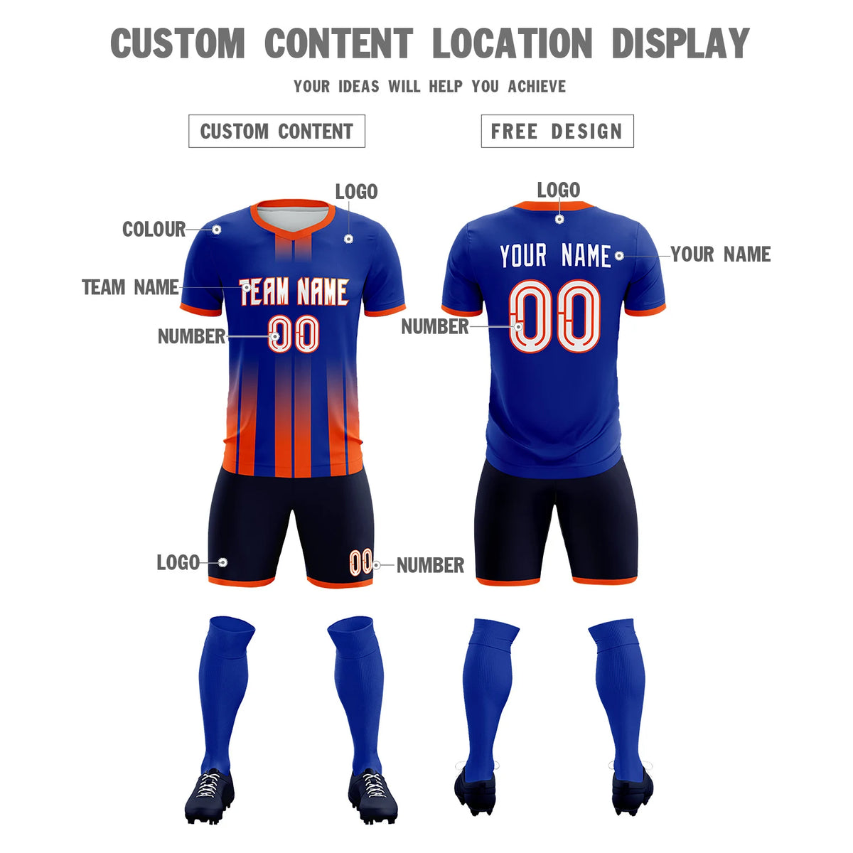 Custom Royal Blue Orange Vertical Training Uniform Soccer Sets Jersey