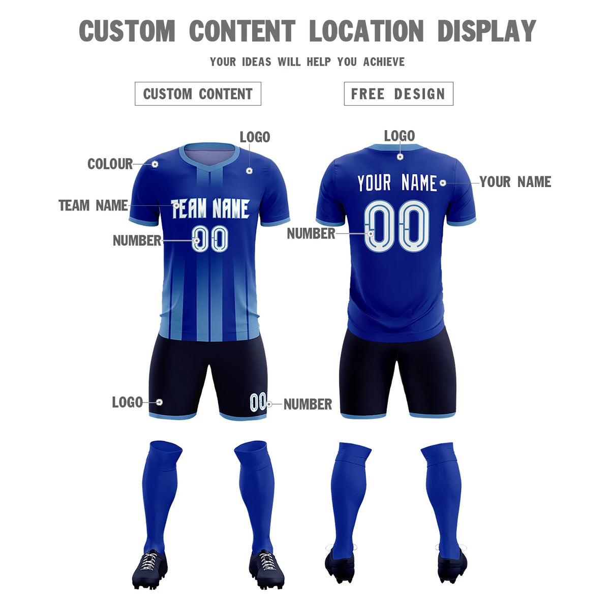 Custom Royal Blue Light Blue Vertical Training Uniform Soccer Sets Jersey