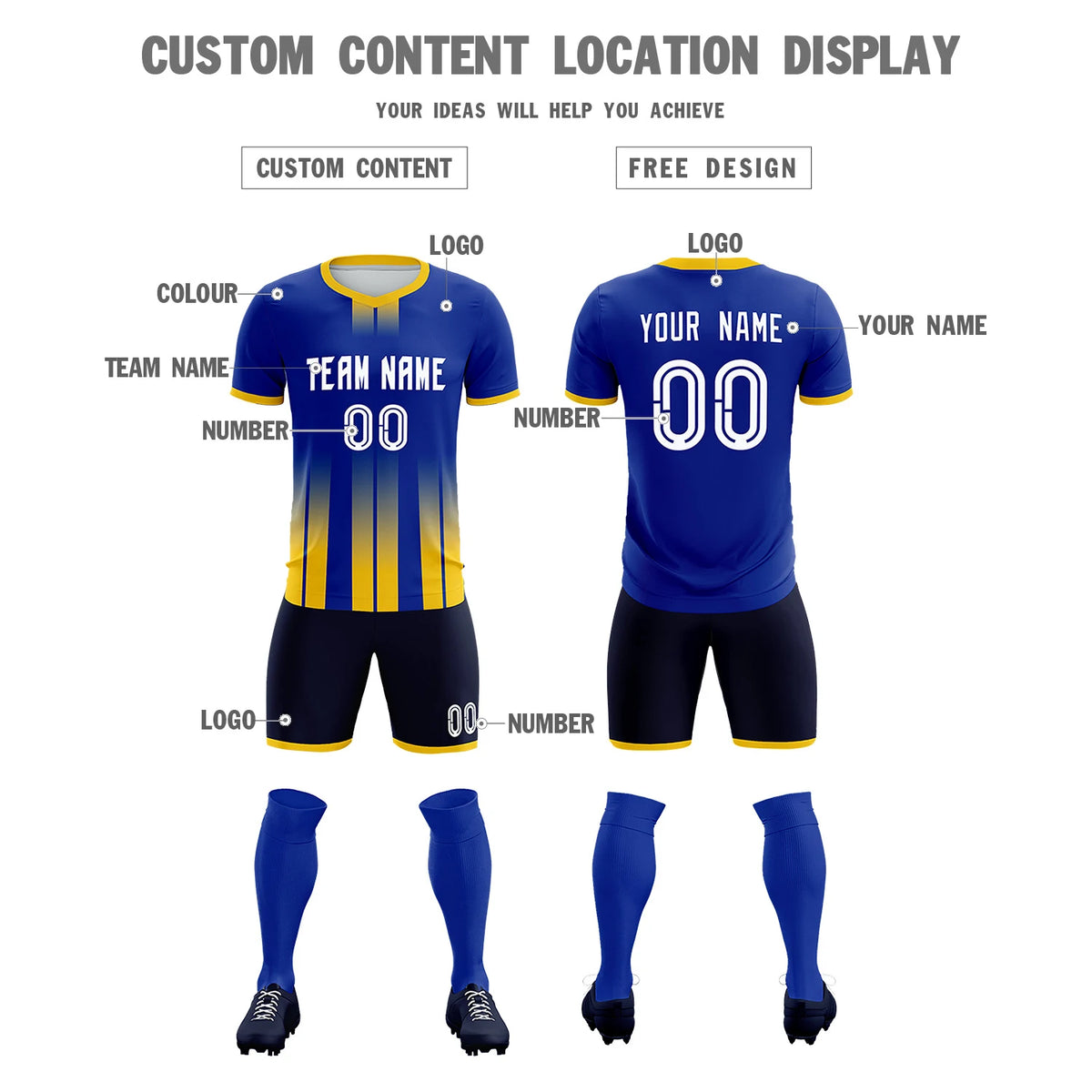 Custom Royal Blue Gold01 Vertical Training Uniform Soccer Sets Jersey