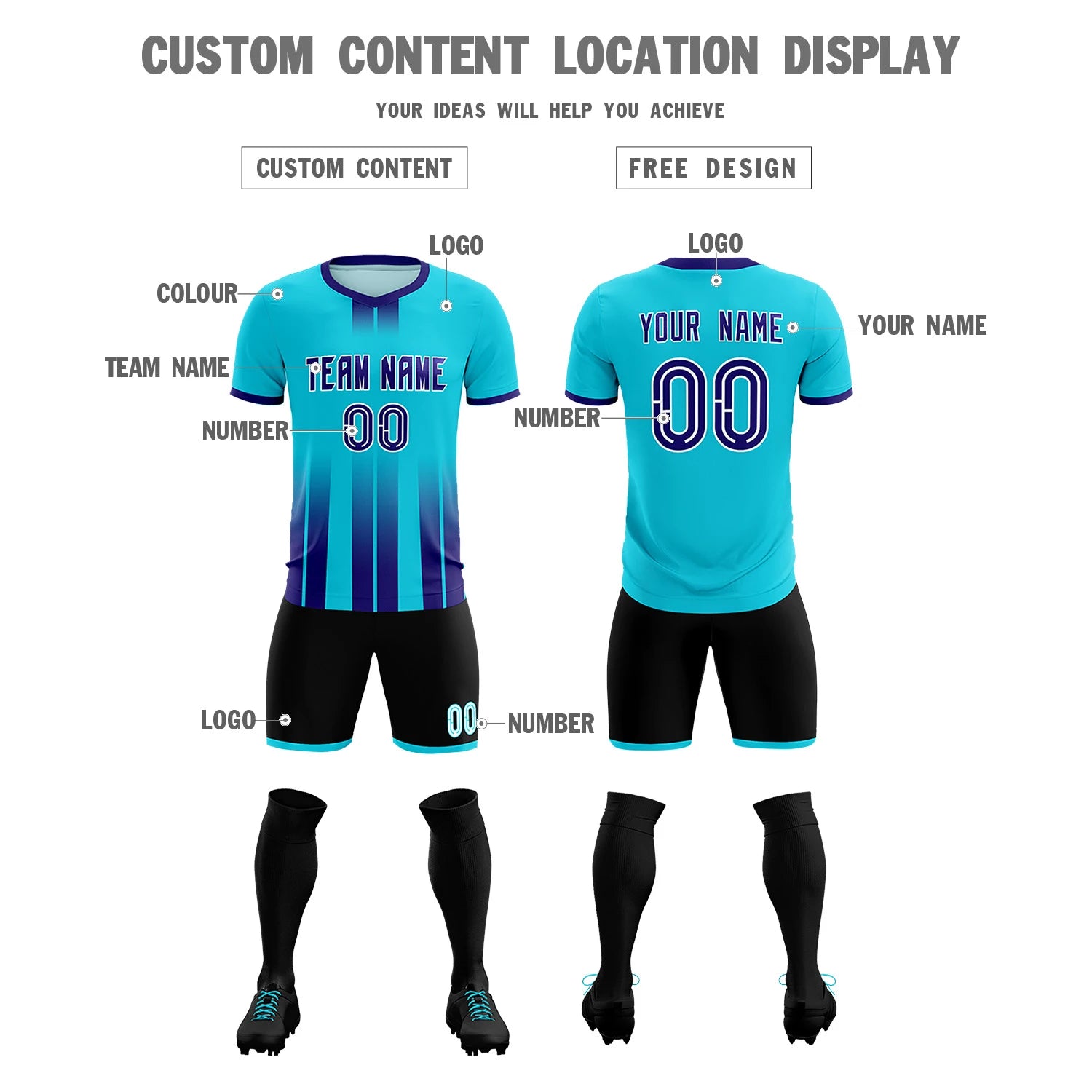 Custom Sky Blue Purple Vertical Training Uniform Soccer Sets Jersey