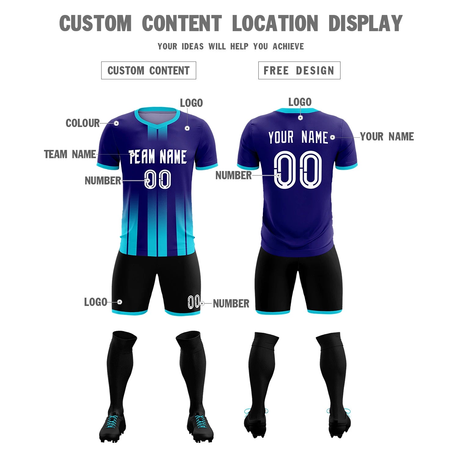 Custom Purple Sky Blue Vertical Training Uniform Soccer Sets Jersey