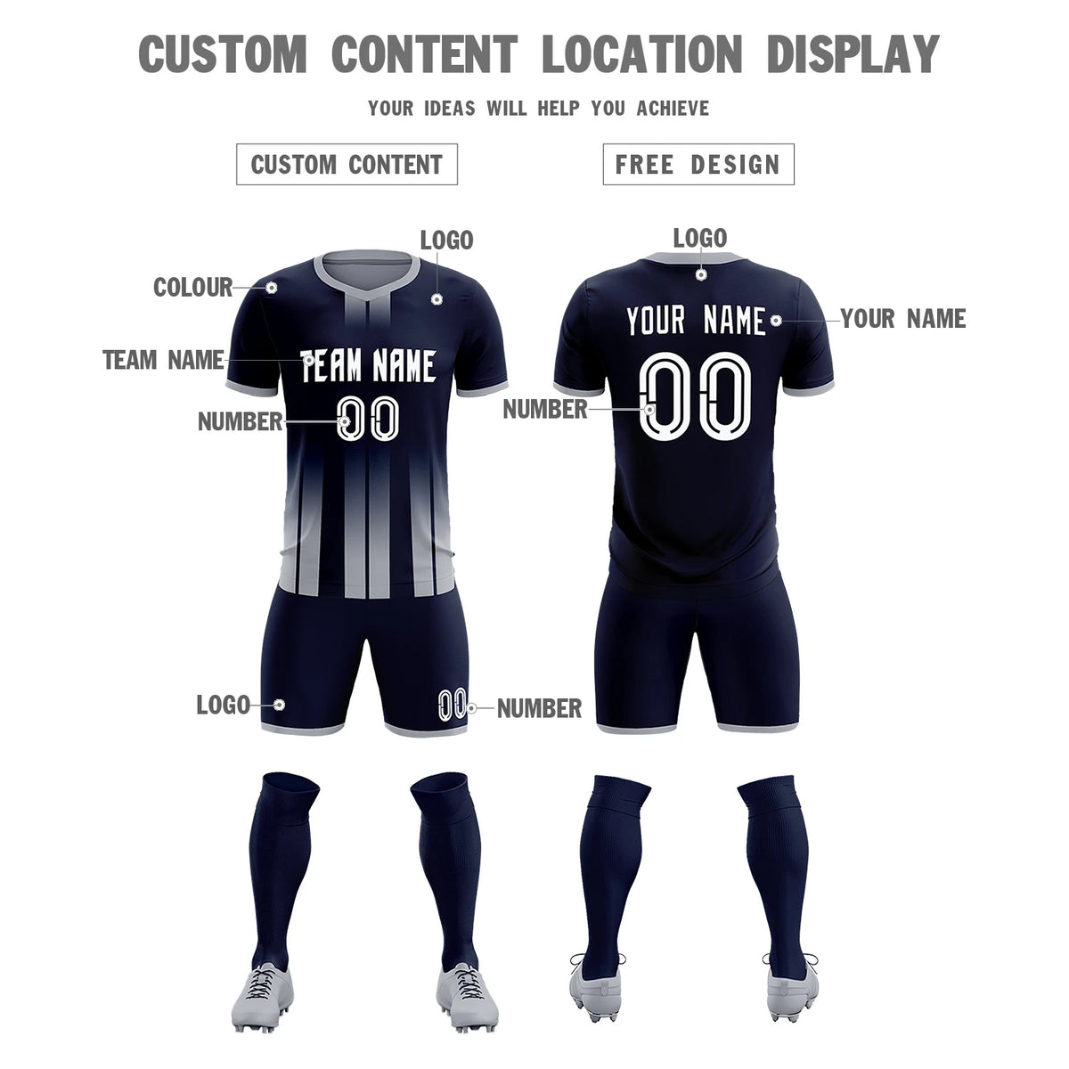 Custom Navy Gray Vertical Training Uniform Soccer Sets Jersey