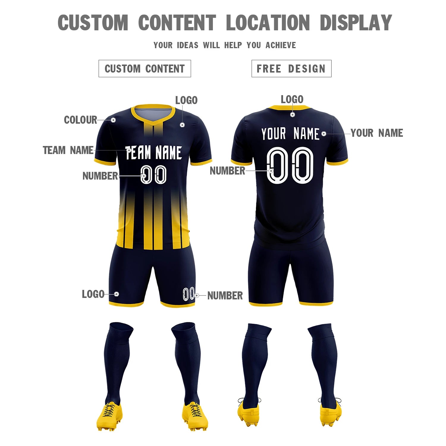 Custom Navy Gold01 Vertical Training Uniform Soccer Sets Jersey