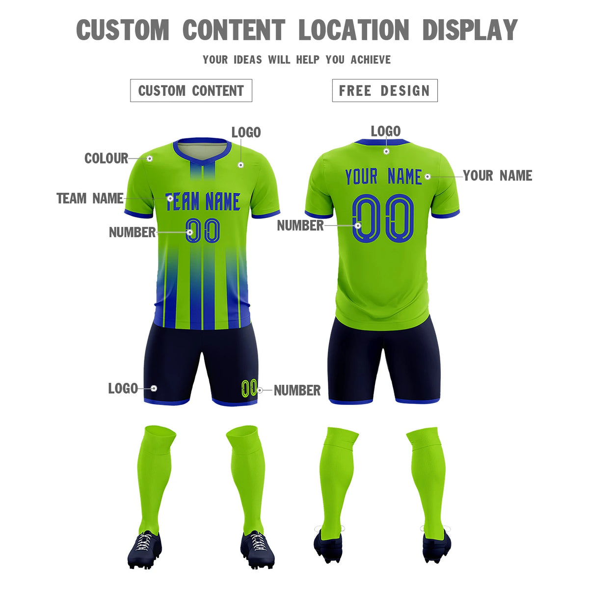 Custom Neon Green Royal Blue Vertical Training Uniform Soccer Sets Jersey