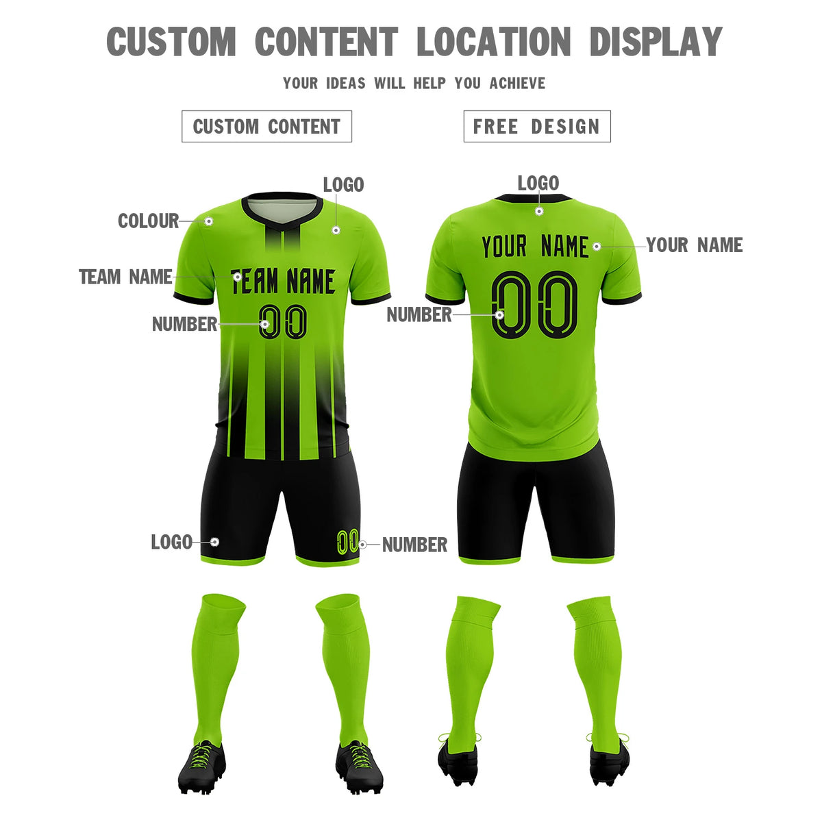 Custom Neon Green Black Vertical Training Uniform Soccer Sets Jersey