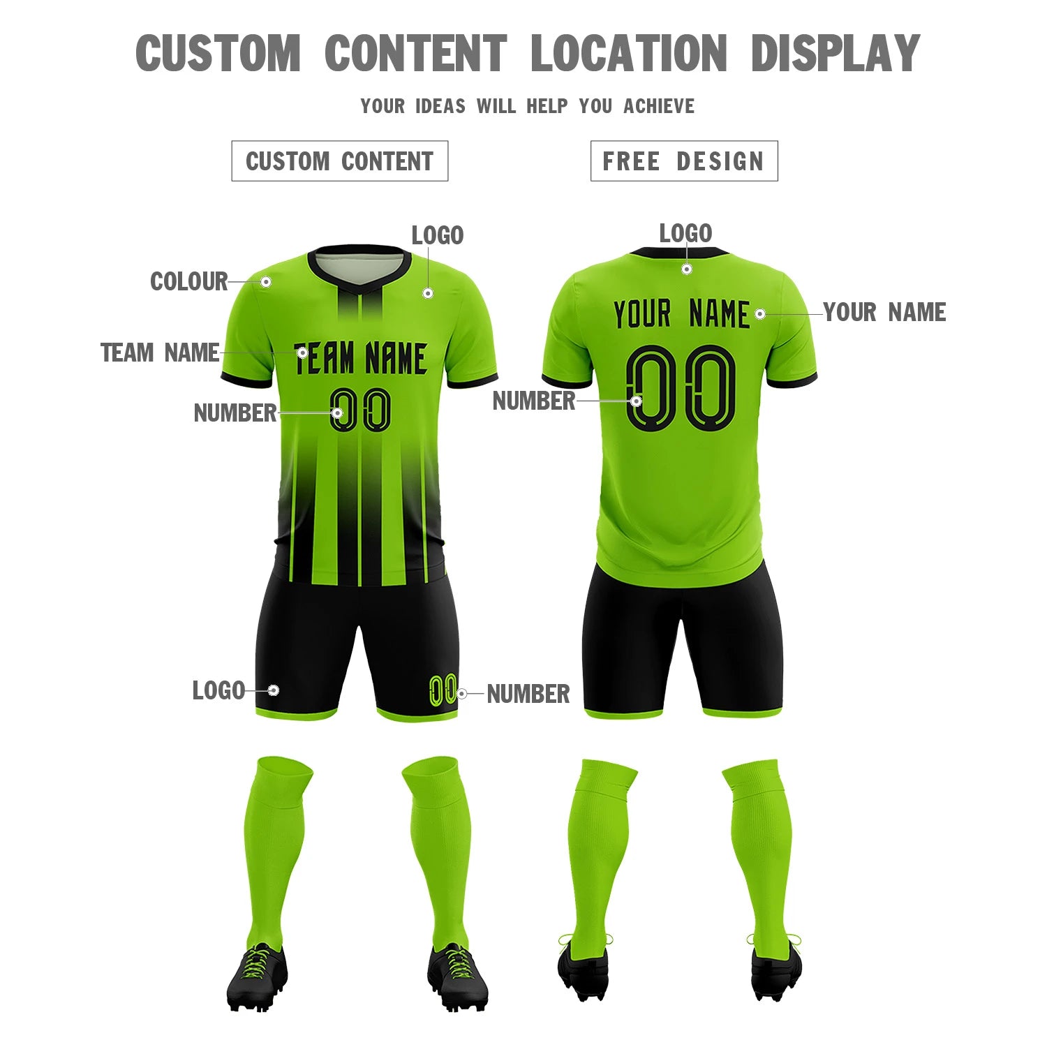 Custom Neon Green Black Vertical Training Uniform Soccer Sets Jersey