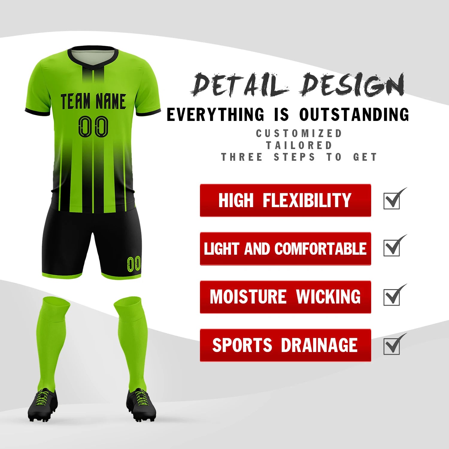 Custom Neon Green Black Vertical Training Uniform Soccer Sets Jersey