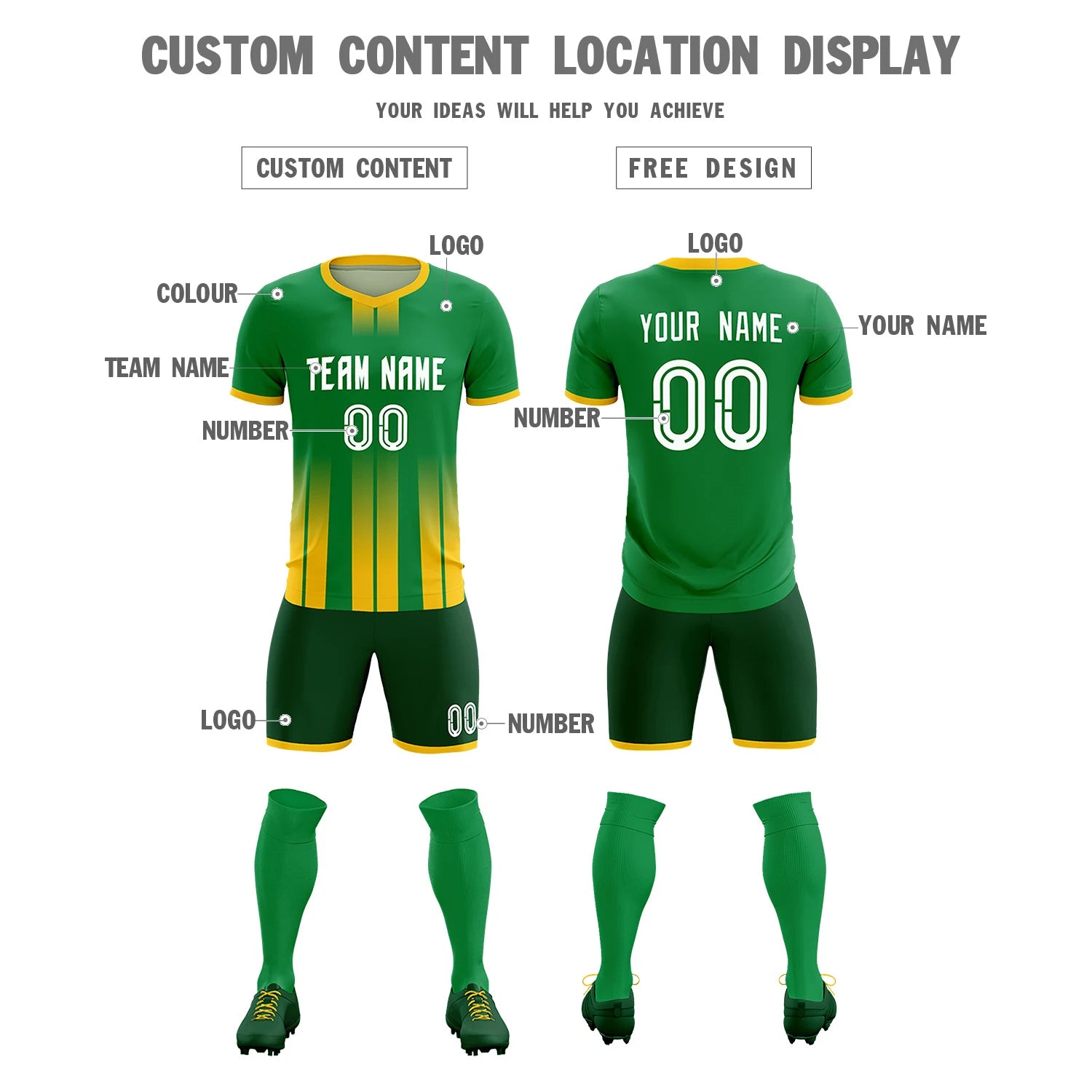 Custom Kelly Green Gold01 Vertical Training Uniform Soccer Sets Jersey