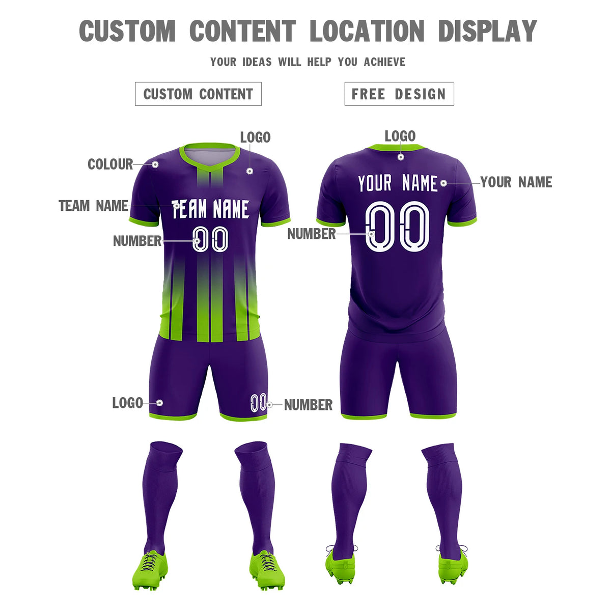 Custom Purple Neon Green Vertical Training Uniform Soccer Sets Jersey