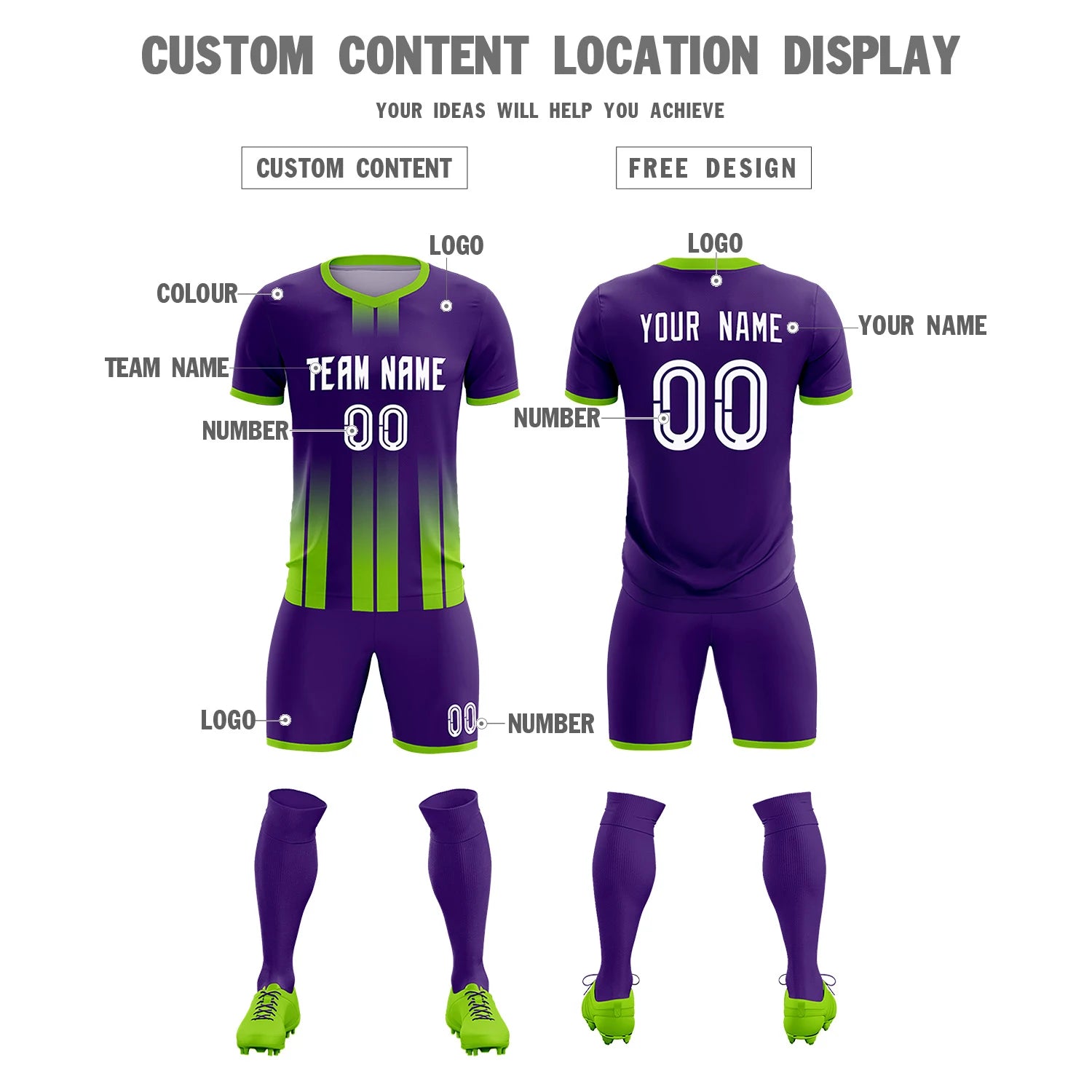 Custom Purple Neon Green Vertical Training Uniform Soccer Sets Jersey