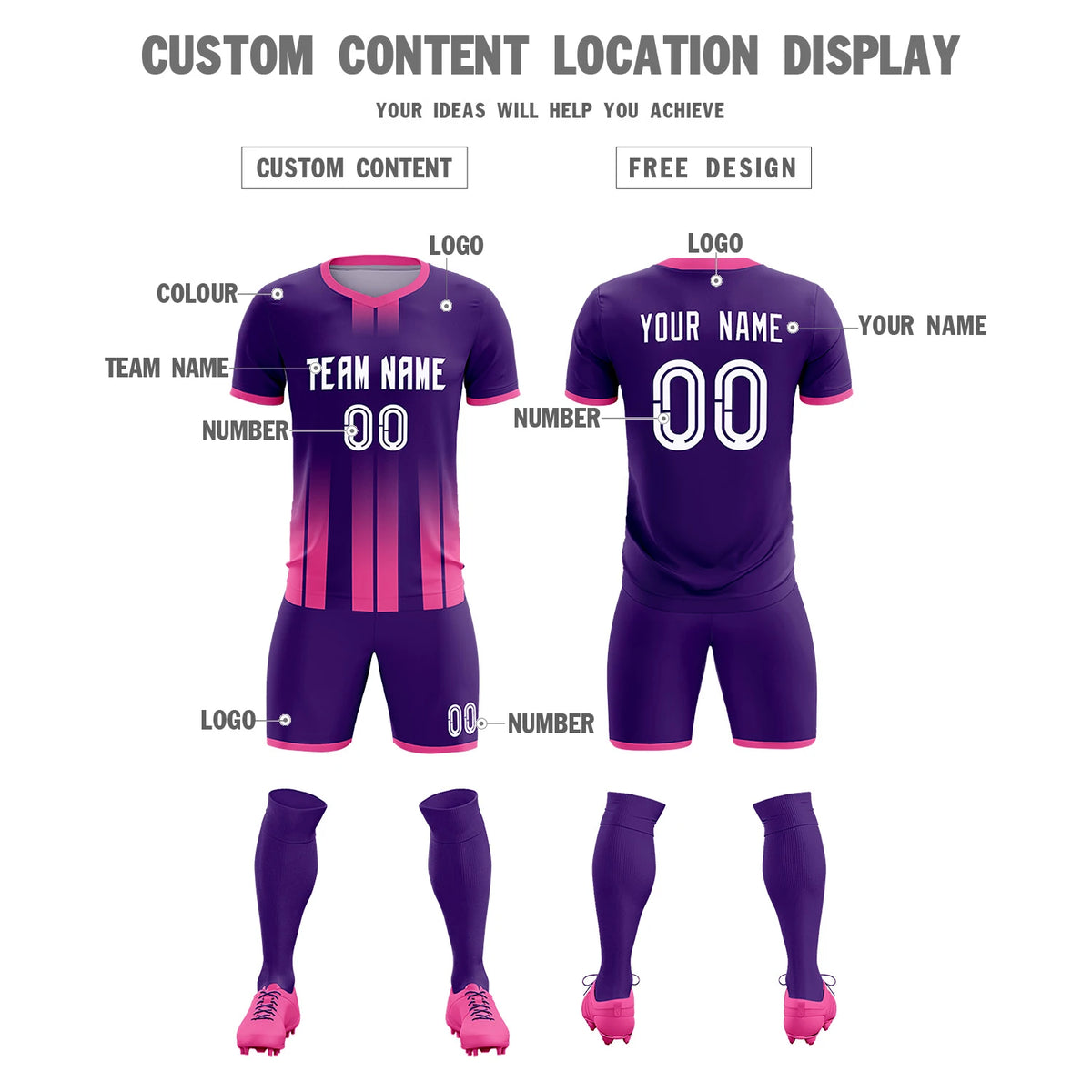 Custom Purple Pink Vertical Training Uniform Soccer Sets Jersey