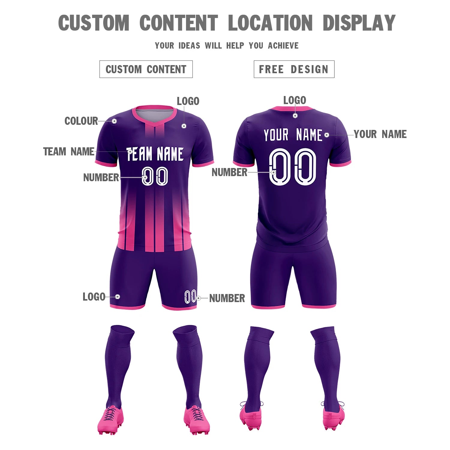 Custom Purple Pink Vertical Training Uniform Soccer Sets Jersey