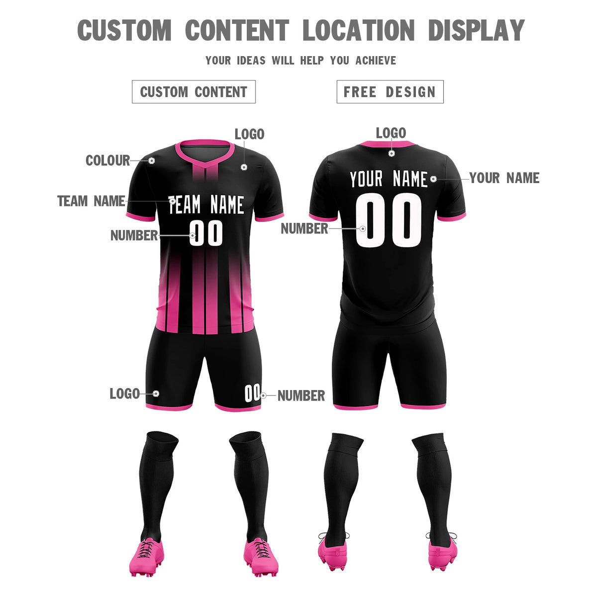 Custom Black Pink Vertical Training Uniform Soccer Sets Jersey