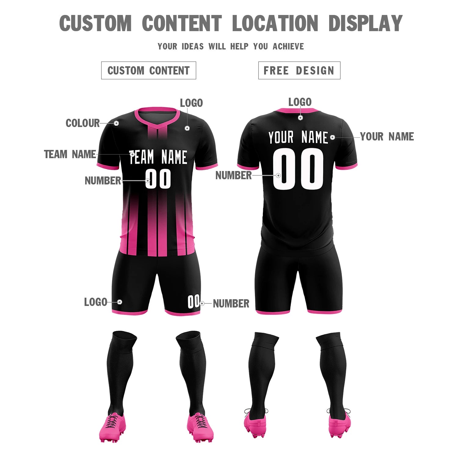 Custom Black Pink Vertical Training Uniform Soccer Sets Jersey