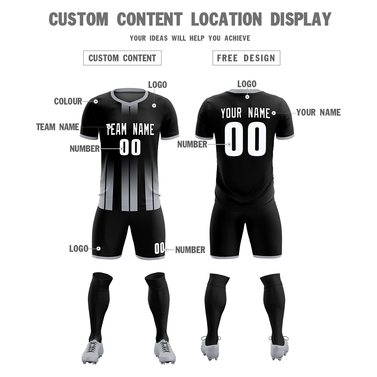 Custom Black Gray Vertical Training Uniform Soccer Sets Jersey