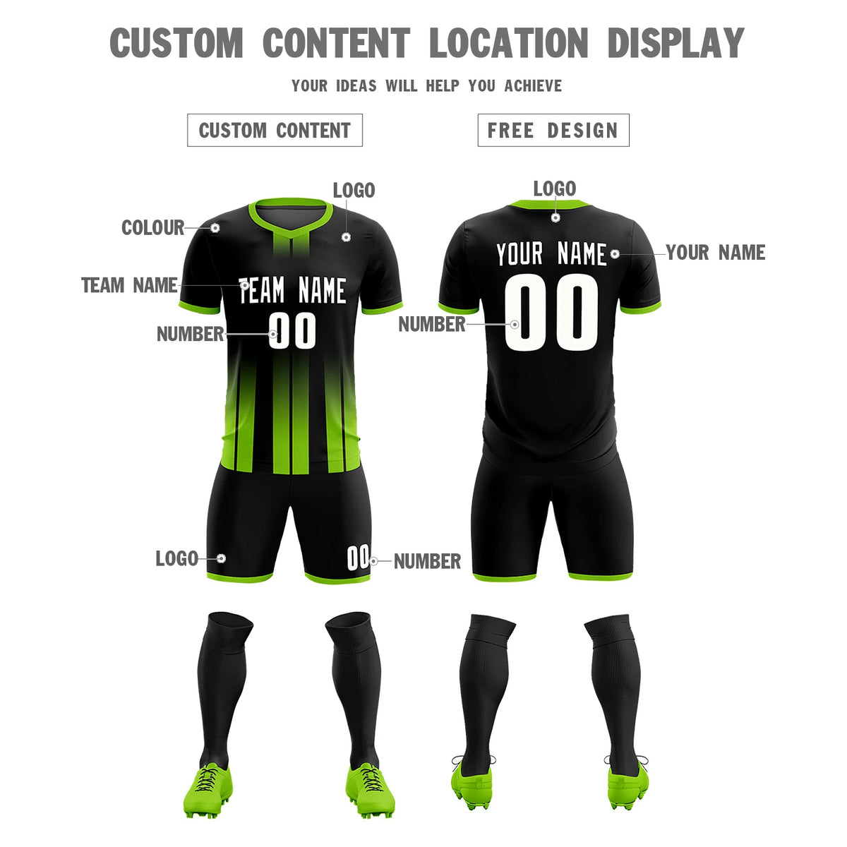 Custom Black Neon Green Vertical Training Uniform Soccer Sets Jersey