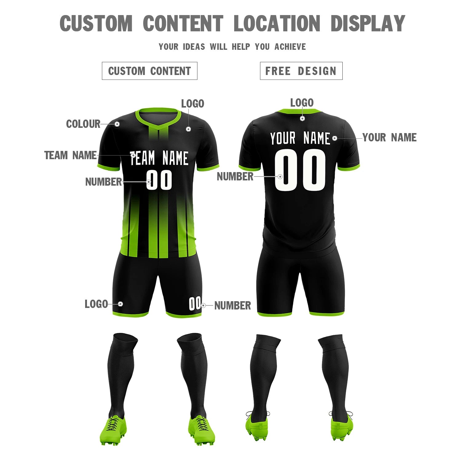 Custom Black Neon Green Vertical Training Uniform Soccer Sets Jersey
