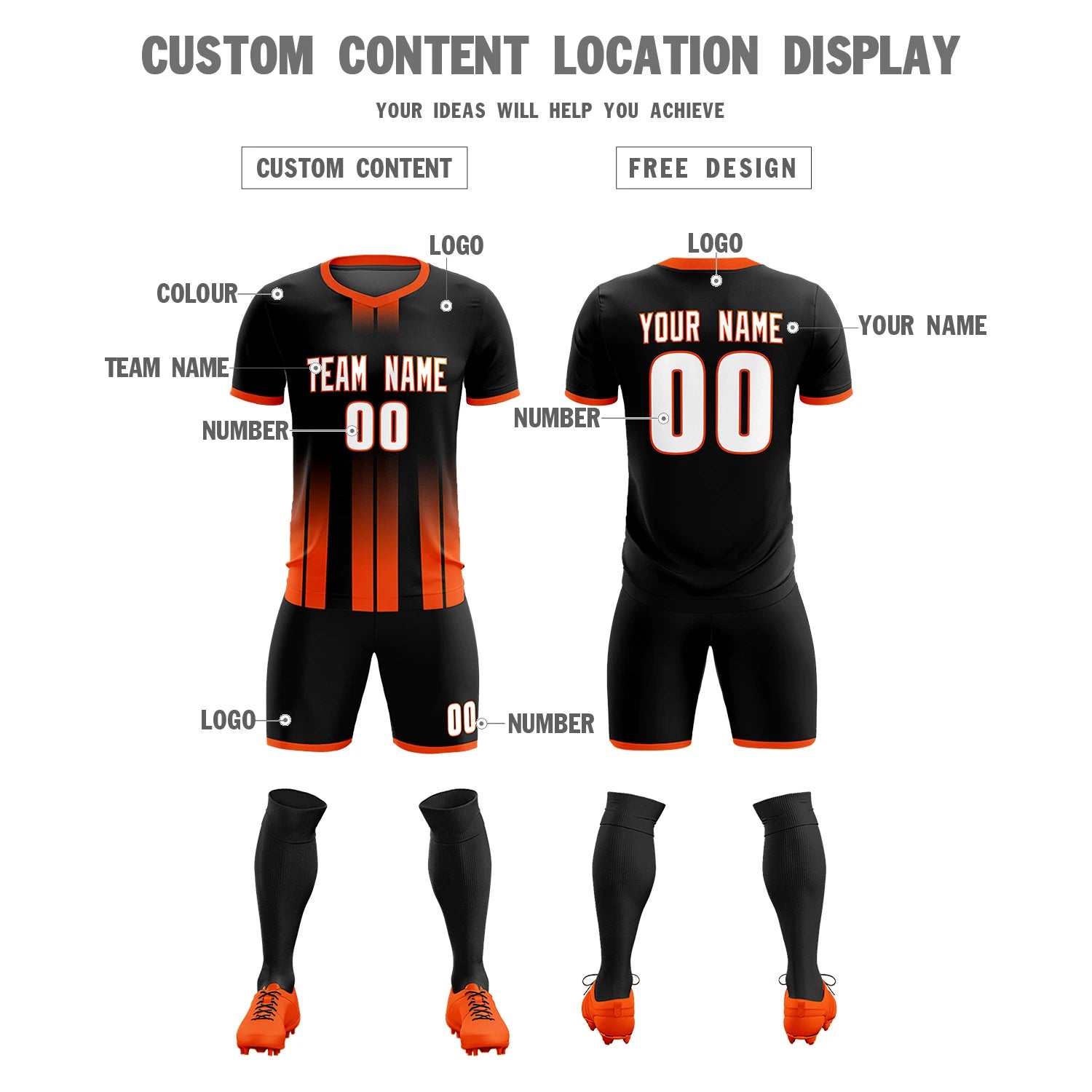 Custom Black Orange Vertical Training Uniform Soccer Sets Jersey