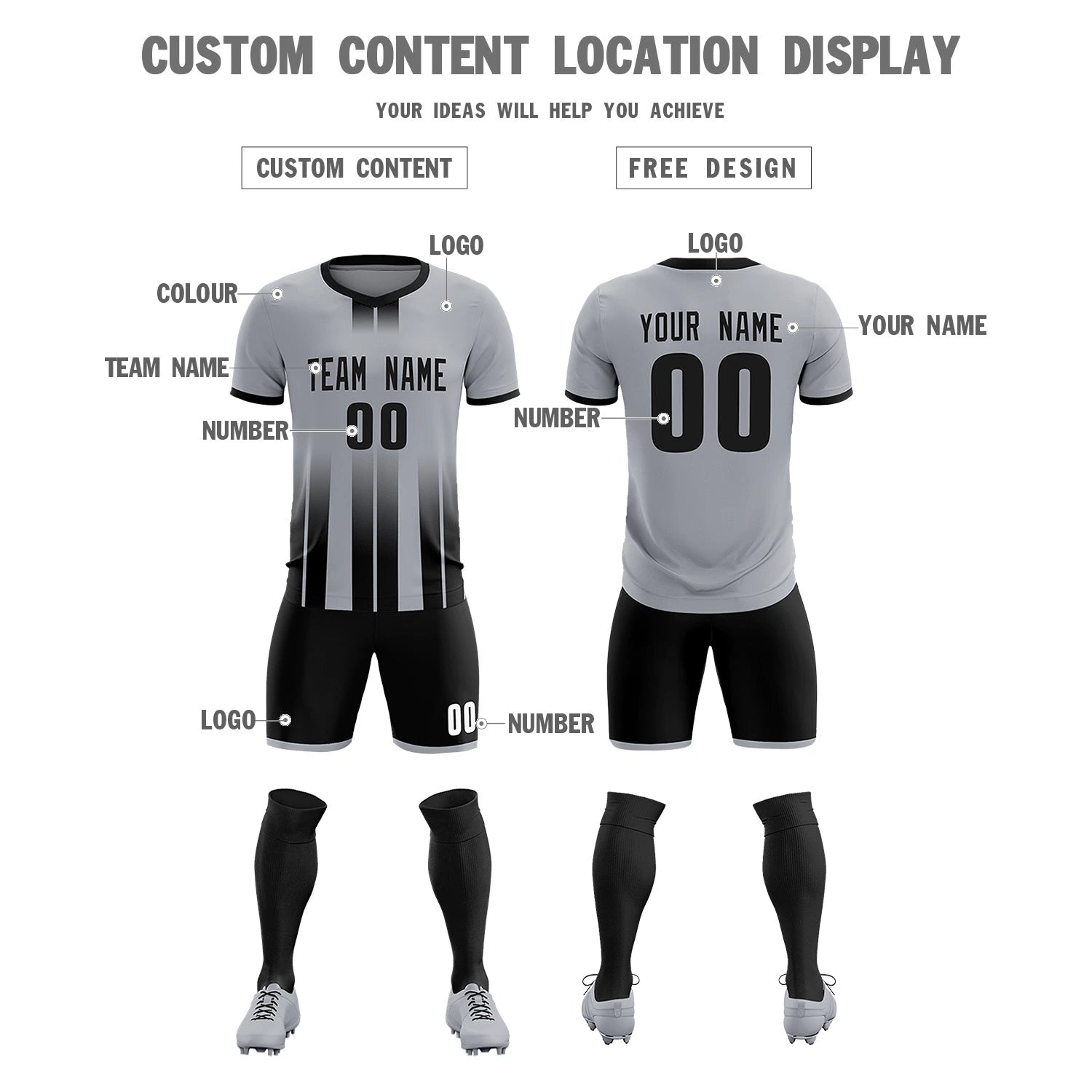 Custom Gray Black Vertical Training Uniform Soccer Sets Jersey