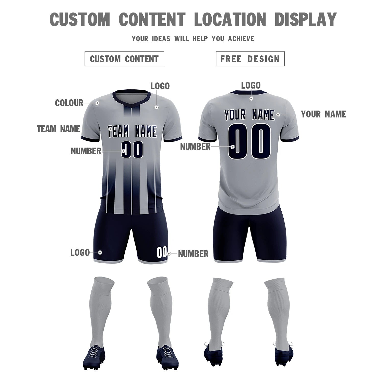 Custom Gray Navy Vertical Training Uniform Soccer Sets Jersey