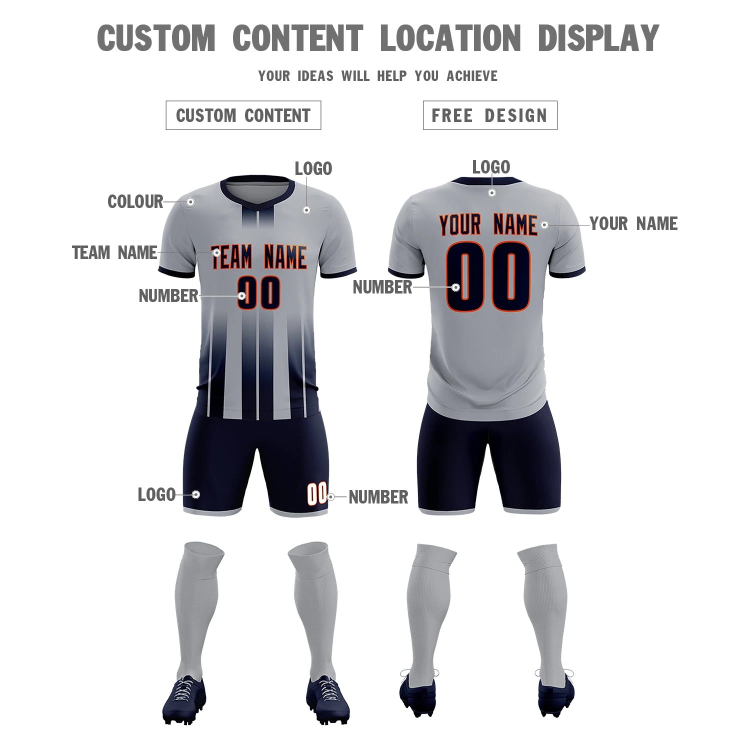 Custom Gray Navy Vertical Training Uniform Soccer Sets Jersey